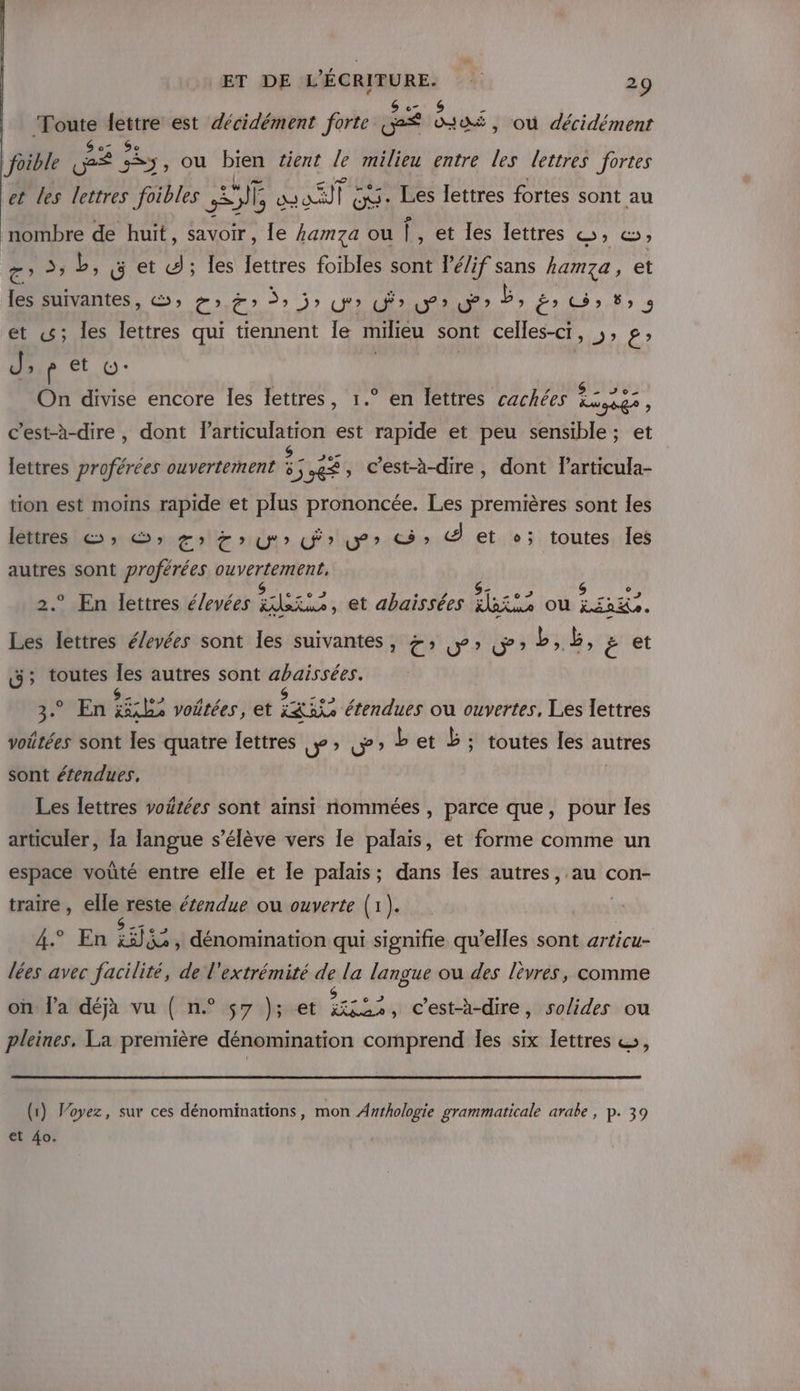 AE: ss est décidément forte. Gé re: , Où décidément foible Dé rs , ou bien tient le milieu entre les lettres fortes et les lettres foibles = SE [. aa | GG Les lettres fortes sont au nombre de huit, savoir, le 4amza ou Î, et les lettres S&gt; CS) 5,L, get F4 ; les lettres foibles sont l’é/if sans hamza, et les suivantes, ©; &gt; &amp;» 3, 5; &gt; Sr &gt; L, PEN SERCERT et 3 les lettres qui tiennent Île milieu sont celles-ci, ;; g» J, 0 On divise encore les lettres, 1.° en lettres cachées Ets ; c’est-à-dire , dont articulation est rapide et peu sensible; et lettres proférées ouvertement à; LS , c’est-à-dire, dont larticula- tion est moins rapide et plus prononcée. Les premières sont Îles lettres ©; ©» #5) cr Dr ww? &gt; d et +; toutes Îes autres sont proférées ouvertement, S 6 ° En lettres élevées ida%ux, et abaissées dass ou nach. Les lettres é/evées sont les suivantes, Z:; 5» 5; L,h, é € 3; toutes “a autres sont abhaissées. SET A voätées, et ete étendues ou ouvertes, Les lettres voutées sont les quatre lettres y? YU? Let b: toutes les autres sont éfendues, Les lettres voÿtées sont aïnsi nommées , parce que, pour les articuler, [a langue s’élève vers le palais, et forme comme un espace voûté entre elle et le palais; dans Îles autres, au con- traire, elle reste étendue ou ouverte (1). | 4. En iii, dénomination qui signifie qu’elles sont articu- lées avec facilité, de l'extrémité de la langue ou des lèvres, comme on l’a déjà vu ( n° 57 }); et ae c’est-à-dire, solides ou pleines, La première dénomination comprend les six lettres ©, (x) Voyez, sur ces dénominations, mon Awrhologie grammaticale arabe , p. 39 et 40.