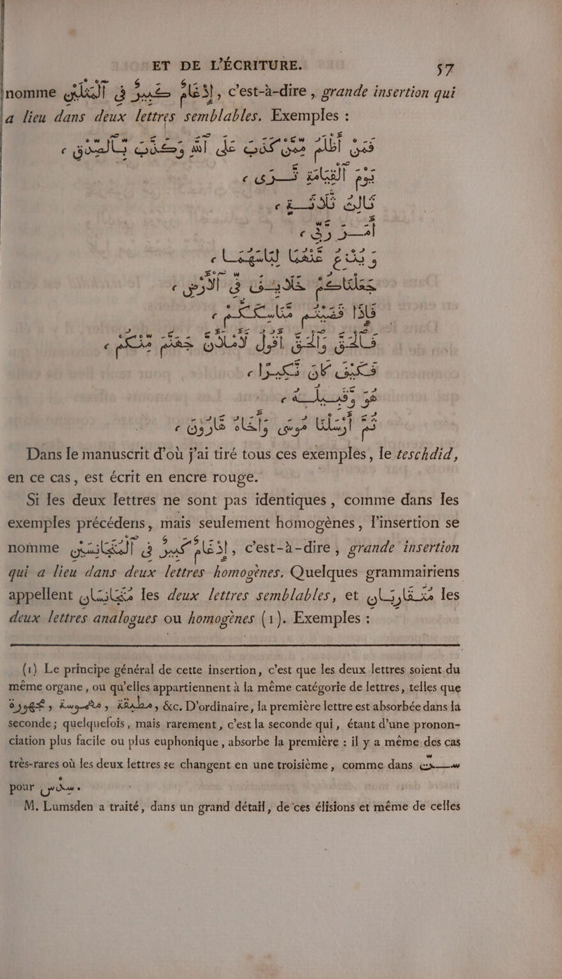 A 6 Xi 5 £ &amp; TE n ie : } à  Û k = £ -a-dire Fe nomme x) | à ne &amp;S] , C'est-à-dire , grande insertion qui a lieu dans deux lettres semblables. nr” EU € CRE: à hi. de Es Le Leg ÿ (22€ 2 6m Er w y a is ds ” e - (5 2 CPR 55 € pe LE GALL Y Ji &amp; dr, SAC 15 6 ES ou 2 - M À + 24% : 635 1; Sy nie pe Dans le manuscrit d’ou j'ai tiré tous ces exemples , le teschdid, en ce cas, est écrit en encre rouge. À Si les deux lettres ne sont pas identiques, comme dans les exemples précédens, mais seulement homogènes, linsertion se nomme Ra à nf ES}, c'est-à-dire ; grande ‘insertion qui a lieu dans deux sn homogènes. ces orammairiens appellent QLU&amp;e les deux Det semblables, et ER les deux lettres analogues « ou horangeres (x (1). Exemples : (1) Le principe général de cette insertion, c’est que les deux lettres soient du même organe , où qu’elles appartiennent à la même catégorie de lettres, telles que 0 )9GÉ &gt; Lwg te ji » &amp;c. D'ordinaire, la première lettre est absorbée dans la seconde; quelquefois, mais rarement , c’est la seconde qui, étant d’une pronon- ciation plus facile ou plus euphonique , absorbe la première : il y a même des cas w . très-rares où les deux lettres se changent en une troisième, comme dans x pour U” Du . à ; M, Lumsden a traité, dans un grand détail, de’ces élisions et même de celles