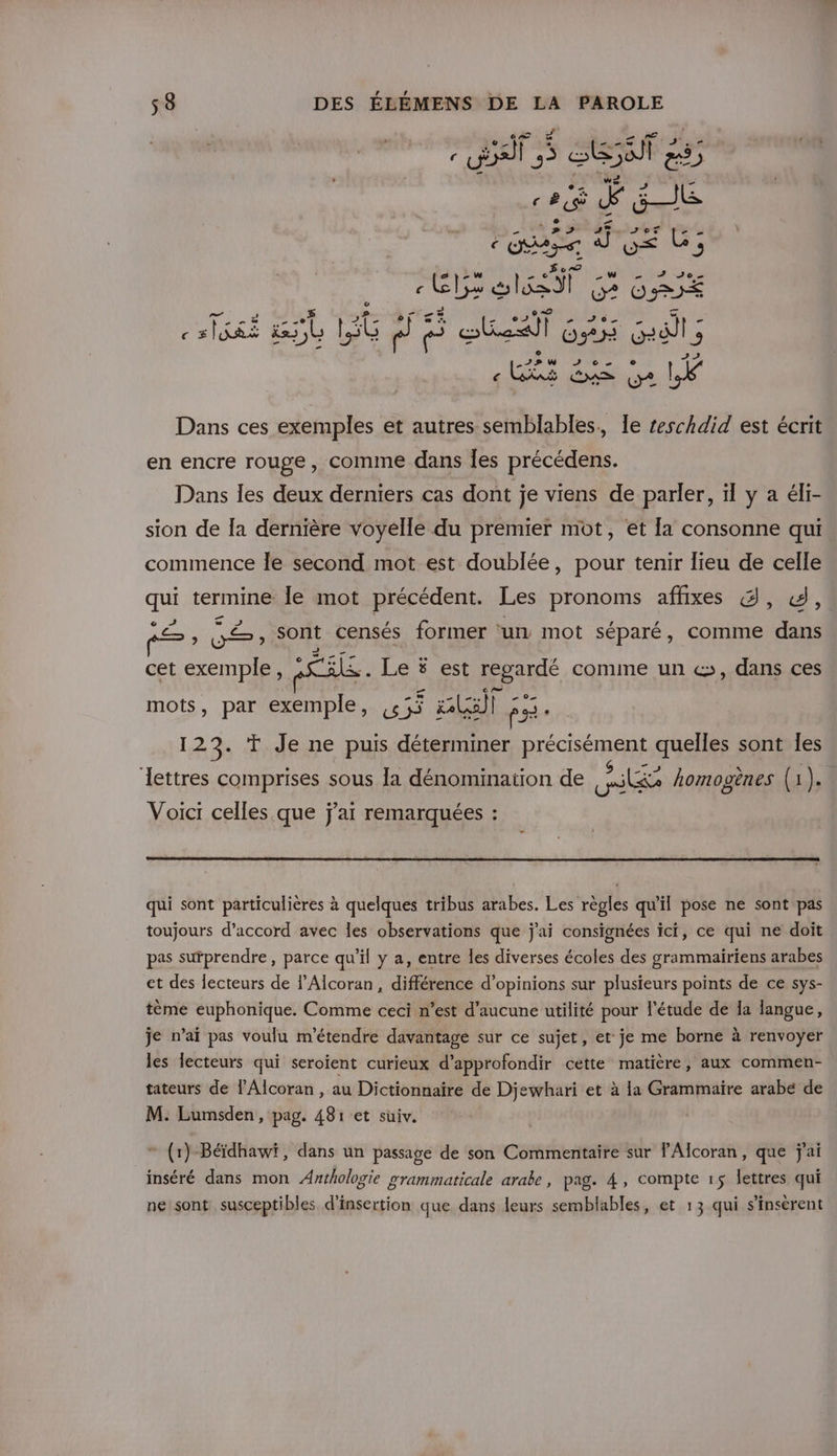 frire JOEL cLbs es TPE Re ORIE c slGRË ï 5L LG J &lt; pe Sa O2 RÉTEU RES LS 85 de LÉ Dans ces exemples et autres semblables, le reschdid est écrit en encre rouge, comme dans les précédens. Dans les deux derniers cas dont je viens de parler, il y a éli- sion de [a dernière voyelle du premier mot, et la consonne qui. commence Île second mot est doublée, pour tenir lieu de celle “ee termine Île mot précédent. Les pronoms affixes d, d, , Le sont censés former ‘un mot séparé, comme dans cet exemple, ere Le # est regardé comine un &amp;, dans ces mots, par exemple, 455 gli | ps 123. ‘* Je ne puis déterminer précise quelles sont Îes lettres comprises sous [a dénomination de les homogènes (1). Voici celles que j'ai remarquées : qui sont particulières à quelques tribus arabes. Les règles qu’il pose ne sont pas toujours d'accord avec les observations que j'ai consignées ici, ce qui ne doit pas surprendre, parce qu’il y a, entre les diverses écoles des grammairiens arabes et des lecteurs de l'Alcoran, différence d’opinions sur plusieurs points de ce sys- tème euphonique. Comme ceci n’est d'aucune utilité pour l'étude de la langue, je n’aï pas voulu m'étendre davantage sur ce sujet, et je me borne à renvoyer les lecteurs qui seroient curieux d'approfondir cette matière, aux commen- tateurs de lAlcoran, au Dictionnaire de Djewhari et à la Grammaire arabe de M. Lumsden, pag. 481 et suiv. (r)-Béidhawï, dans un passage de son Commentaire sur PAlcoran, que j'ai inséré dans mon Anthologie grammaticale arabe, pag. 4, compte 15 lettres qui ne sont susceptibles d'insertion que dans leurs semblables, et 13 qui s’insérent