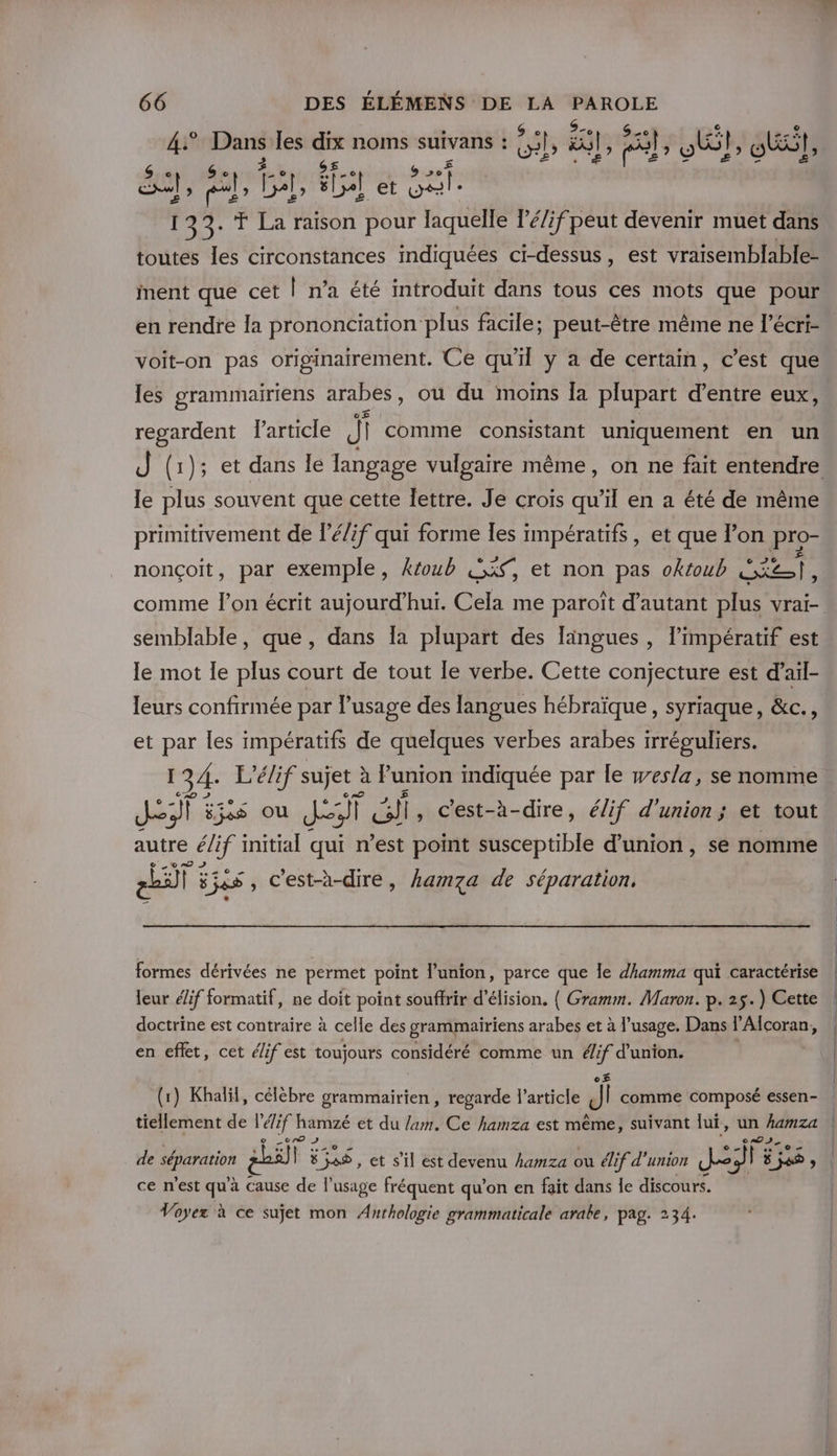 AT © - 4° ae les 58 noms Suivans : Gil, à 1, 6, 6, HG, $ LL  Fi a , el, , die) et L eh PAT 1 rt raison pour dit l'élif peut devenir muet dans toutes les circonstances indiquées ci-dessus, est vraisemblable- ment que cet | n’a été introduit dans tous ces mots que pour en rendre la prononciation plus facile; peut-être même ne l’écri- voit-on pas originairement. Ce qu'il y à de certain, c’est que les grammairiens arabes, ou du moins la plupart rente eux, regardent larticle Ji | comme consistant uniquement en un le plus souvent que cette lettre. Je crois qu’il en a été de même primitivement de l’é/if qui forme Îes impératifs, et que l’on pro- | le, kroub 52 A nonçoit, par exemple, ktoub Lx, et non pas oktoub Se, semblable, que, dans Îa plupart des lingues, limpératif est le mot le plus court de tout le verbe. Cette conjecture est d’ail- leurs confirmée par l'usage des langues hébraïque, syriaque, &amp;c., et par les impératifs de quelques verbes arabes irréguliers. I 34. L'élif sujet à Punion indiquée par le wes/a, se nomme Fe: ÿ5:s ou Ji À, c’est-à-dire, élif d'union; et tout autre é/if initial qui n’est point susceptible d'union, se nomme © 0 0 D gi $ 6$ , c'est-à-dire, hamza de séparation, formes dérivées ne permet point l’union, parce que Île dhamma qui caractérise leur é/if formatif, ne doit point souffrir d’élision. { Gramm. Maron. p. 25.) Cette doctrine est contraire à celle des grammairiens arabes et à l'usage. Dans l'Alcoran. É en effet, cet élif est toujours considéré comme un À d'union. (1) Khalil, célèbre grammairien , regarde l’article pl comme composé essen- ce n'est qu'à cause de l'usage fréquent qu’on en fait dans le discours. Voyez à ce sujet mon Anthologie grammaticale arabe, pag. 234.