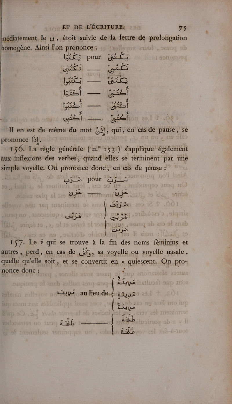 imédiatement le 6 , étoit suivie de la lettre de prolongation homogène. Ainsi on prononce ; À \ &gt; © ENS La Li LL: pour © \ —_— \ L \ e \ So CAT :L LL + LL) : 6e m Je À CPEXT À 1252 Ï LATE rés | 0 À x Se 0 à | a el IT en est de même du mot AE qui, en cas de pause , se prononce 5]. IS 6. La règle générale (n.° 153) PR également aux inflexions des vérbes, quand elles se términent par uné simple voyellé. On prononce donc, en cas de pause : De e =&gt; CN YeO — ENS 32 si QUE ; EN ÿ2 157. Le ë qui se trouve à la fn des noms féminins et autres , perd, en cas de es ,, Sa voyelle ou voyelle nasale , quelle qu'elle soit, et se convertit en + quiescent. On pro- nonce donc : . aie au lieu de. :5, 3