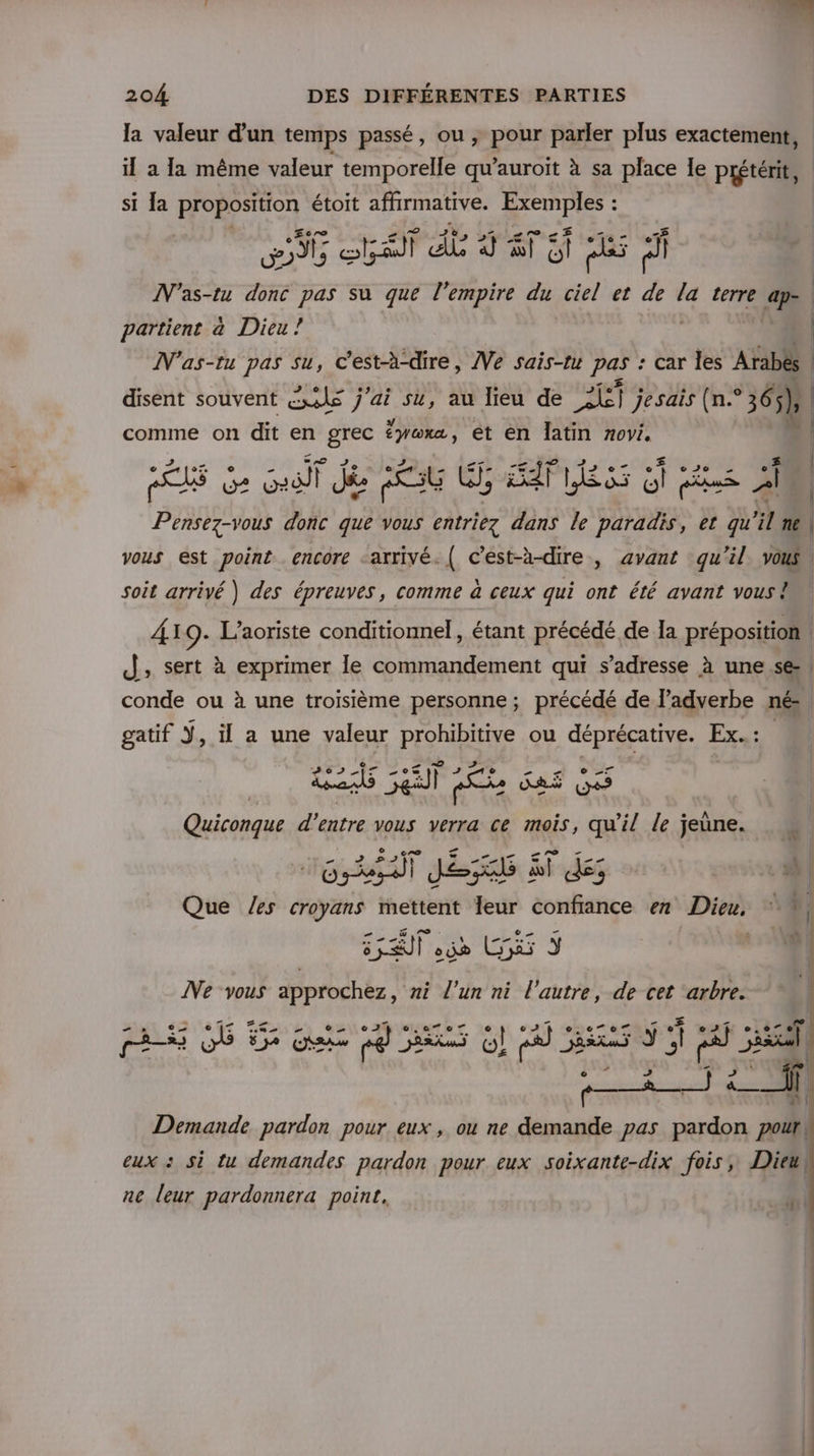 la valeur d'un temps passé, ou ; pour parler plus exactement, il a la même valeur temporelle qu'auroit à sa place Ie prétérit, si Îa proposition étoit rie Exemples : É m6 tail di à sT of 5 N'as-tu donc pas su que l'empire du ciel et de la terre ape | partient à Dieu! | N'as-tu pas su, C'est-à-dire, Ve sais-mu pas : car les Arabès | disent souvent cxls j'ai su, au lieu de ri jesais (n.° 36 sh comme on dit en grec éyorxa, et en latin novi. | | 2105 NT Lolo tr. LEE 12 07 7% 02e CLS Ge cad Jée 6C5E U, EdPess où sis 2 Pensez-vous donc que vous entriez dans le paradis, et qu'il ne | vous est point encore arrivé. { c’est-à-dire , avant qu'il VOUS soit arrivé ) des épreuves, comme à ceux qui ont été avant vous ! A19. L’aoriste conditionnel, étant précédé de la préposition d&gt;, sert à exprimer le commandement qui s'adresse à une ä, conde ou à une troisième personne; précédé de l'adverbe né- gatif J, il a une valeur PERS à ou MA 0 Exa; 262 nr} _ °.* ir : a Quiconque d'entre vous verra ce mois, qu ns le jeûne. Gr JE Si dés croi) Que /es croyans mettent Teur confiance en Dion à | all: me MpeT Re | Ie ‘vous it ni l'un ni l’ cu de cet 2 NAT SSL Si © c.eTeT €. erer 25 pe LE. ng | | Demande pardon pour eux, ou ne demande pas pardon il eux : si tu demandes pardon pour eux soixante-dix fois, Dieul ne leur pardonnera point, ni