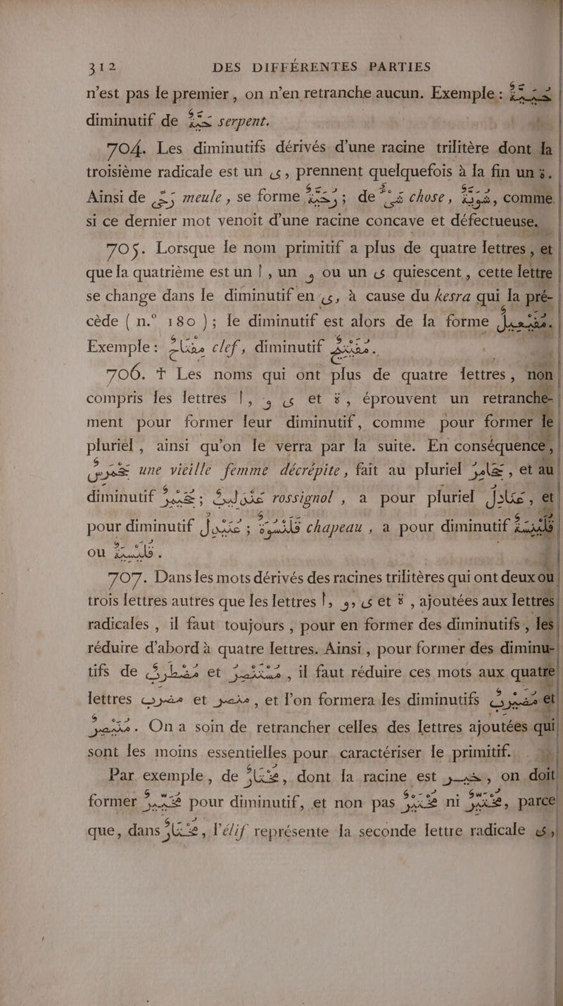 5 &lt; n'est pas le HEFIRSR» on nen retranche aucun. Exemple : £, £&lt; | diminutif de Re serpent. | : fr: 704 Les diminutifs dérivés d’une racine trilitère dont da | troisième radicale est un «4, prennent quelquefois ? à la fin un: Û , MAC 6 =. $ | Aïnsi de ,Z; meule, se forme SE de # chose, are comme. si ce dernier mot venoit d’une racine conçave et défectueuse. Fe | 7O$. Lorsque le nom primitif a plus de quatre lettres , et | { f que la quatrième est un | , un 4j OuUun«s quiescent, cette lettre se change dans le diminutif en«s, à cause du kesra qui la pré- | cède ( n.° LS ); le dimmutif # alors de la forme Jai. | F: | Exemple : las clef, diminutif À ES. | ? 706. T Les noms qui ont plus de ae lettres, n compris les lettres |, :, «4 ét 8, éprouvent un es | | | #| ment pour former leur diminutif, comme pour former | PRE ainsi qu’on le verra par la suite. En conséquence, | Lot | RE une vieille femme décrépite, fait au pluriel HE et a diminutif ? SE ; Ka pre dùE rossignol, a pour pluriel Je, et G | pour diminutif A ie LS AVE chapeau , à pour diminutif 4 Sat. OÙ gum - 707- Dans les mots dérivés des racines trilitères quio ont deux ou trois lettres autres que les lettres |, ,, &amp;s et # , ajoutées aux lettrés | radicales , ïl faut toujours , pour en former des dininutifs , les réduire ds à quatre lettres. Ainsi, pour former des diminue | tifs de 3. ie Et jañtus , il faut réduire ces mots aux quatr | lettres Goyie et paie, et l’on formera les diminutifs o Der él AY On a soin de retrancher celles des lettres ajoutées qui, sont Îles moins essentielles pour caractériser le primitif. . M Par exemple, de Le, dont Îa racine est ;_«s, on doit former GE pour diminutif, et non pas x ni HAS parce que, dans Je , l’élif représente la seconde lettre radicale «ss