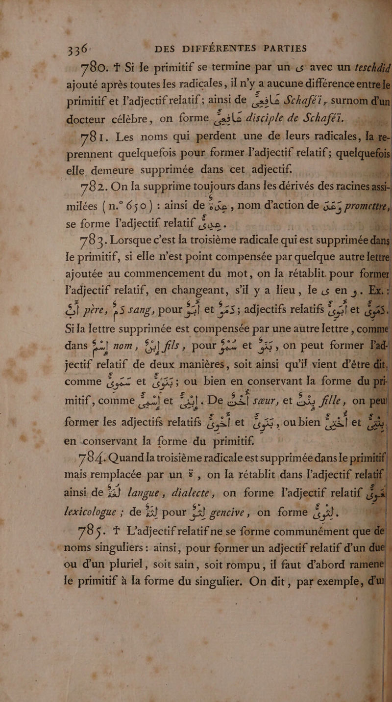 336 _ DES DIFFÉRENTES PARTIES 7 80. ‘F Si le primitif se termine par un « avec un. teschdi did ajouté après toutes les radicales, il n° y a aucune différence er le primitif et l'adjectif relatif ; ainsi de PATES Schaféi , surno) m d' pa dostenr célèbre, on forme dsl disciple de Schaféi. M F h75 I. Les noms qui perdent une de leurs radicales, la re- RE ent quelquefois pour former l'adjectif relatif; quelqu . elle demeure supprimée dans cet adjectif. K 782. On la supprime toujours dans es dérivés des racine es.asst. __ milées (n.° 650) : ainsi de we , nom d'action de Gé 5 promcttre se forme l'adjectif relatif AS à Re :' dé | 78 3. Lorsque c’est la troisième radicale qui est supprimée dans le primitif, si elle n’est point compensée par quelque autrelk ajoutée au commencement du mot, on Ja rétablit. pour {oi l'ad) ectif relatif, en chan re s'H y a lieu, le s en 4. J ë \ 2 2e EX pére, F5 $ sang, pour sl et cas j adjectif relatifs Ÿ let sy . Si la lettre supprimée est RSPSaE par une autre ne , COM dans fs] nom , és! fils, pour deu et Fe on peut fonte : d- jectif relatif de deux manières, soit ainsi qu'il vient d'être | comme GE et ESS : ou bien en RSA Va Ja forme a CHE : mitif , comme or: et Li JE De ét Han et ue fe, on pe former les adjectifs relatif ET et GS , ou bien Ga et et. : 5 en conservant [a forme du primitif, 7ê 4. Quand la troisième radicale est supprimée. dans le pri mais rÉMRIARSS par un , on la rétablit dans LME rela ainsi de %:) EU dialecte, on forme Padjegeif relatif lexicologue ; de 25) pour se gencive on forme Eh #4 | v: 8 S. T L’adjectif relatif ne se forme communément 4 noms singuliers : ainsi, pour former un adjectif relatif d’un du ou d'un pluriel, soit sain, soit rompu, il faut d’abord rañ ) | le primitif à la forme du singulier. On dit, par xcnpiS d' »