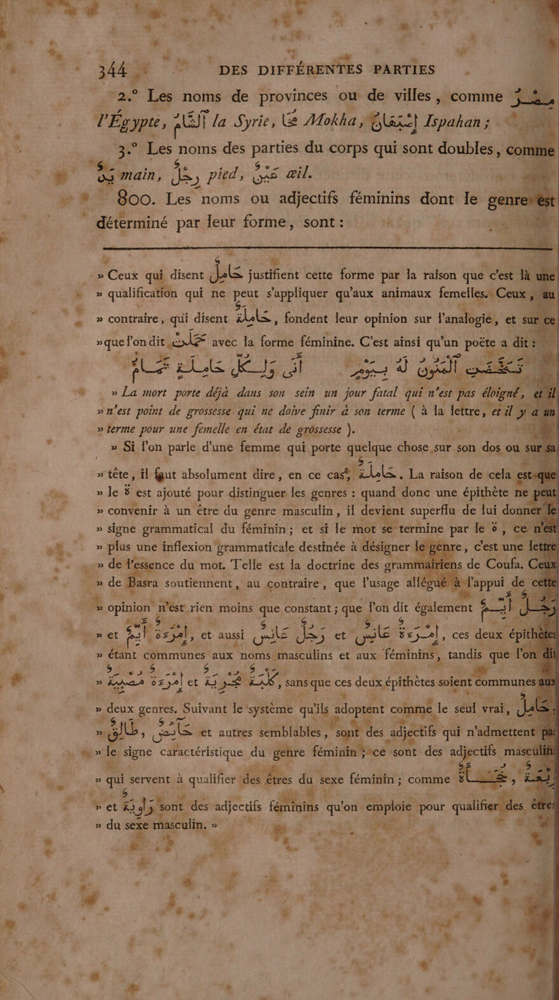 e &amp;. : si : ” - je * DES DIFFÉRENTES PARTIES . Les noms de provinces ou de villes, comme 3 rÉvne FT la Syrie, Mokha, ee Ispahan ; Ne ve p°rEes AU des Here du corps qui sont doubles, co LA Ke # 800. Les noms ou adjectifs féminins dont le ge re | déterminé par leur forme, sont : | sa Ve na 7 9 œ * - » Ceux qui disent RTE justifient cette forme par la raison que c’est là une| » Ve * in Le ne peut ln qute qu'aux animaux FRERE au 7. LE ne Ke be 5 HN 1 &amp; » La mort porte déja dans son sein un 7 fatal qui n'est pas érigné. » n'est point de grossesse qui ne doive finir à son terme ( à la lettre, et il # » terme pour une femelle en état de grossesse ). | » Si l’on parle d'une femme qui porte quelque chose sur son dos ou s Re » tête, il fgut absolument dire, en ce cast. EU La raison de cela est, » le $ est ajouté po distinguer les genres : quand donc une épithète ne » convenir à un ètre du genre masculin, il devient superflu de lui dopré AUS Re » signe grammatical du féminin; et si le mot se termine up le © » CE. :. » plus une inflexion grammaticale destinée à désigner le genre, c’est une Île Le » de l'essence du mot. Telle est la doctrine des grammairïens de Coufa. Ca d _»de Basra soutiennent, au contraire, qi l'usage alléo é à l'appui de + , &gt; SpHg fr 3e moins de constant ; que lon fe également Pl } … »et ai os ze, et aussi UE JS; et ua rs ces deux épit , » étant communes de Fa masculins et aux féminins, tandis que lon 2 © » $ © $ en L » Las 64 sy] et à&amp;s re 44 sans que (Es s deux FE à soient communes 4 M: &gt; deux go Suivant le système qui à adoptent comme le 6 vrai, dk $ om Gb, SE et autres semblables, Pate des adjectif | qui n'admettent … » 4 signe caractéristique du genre feniiatsee sont dés +. masculin! , so cie Re vi » qui servent à qualifier ! da êtres du sexe féminin ; comme ë ; &amp;-24) L2 k : » et &amp;s 3 3 5 sont des adjectifs és qu'on emploie (pour qualifie. » du sexe masculin. » pi 4 HA. ’ v di + 4e 2. à F \ F7 La à A RE as. mis *. s , | # ® ra æ *: _ 4 D 9 # D ' à 8 ä 3 L “ P «8 a *: se Le r » « » L. Le