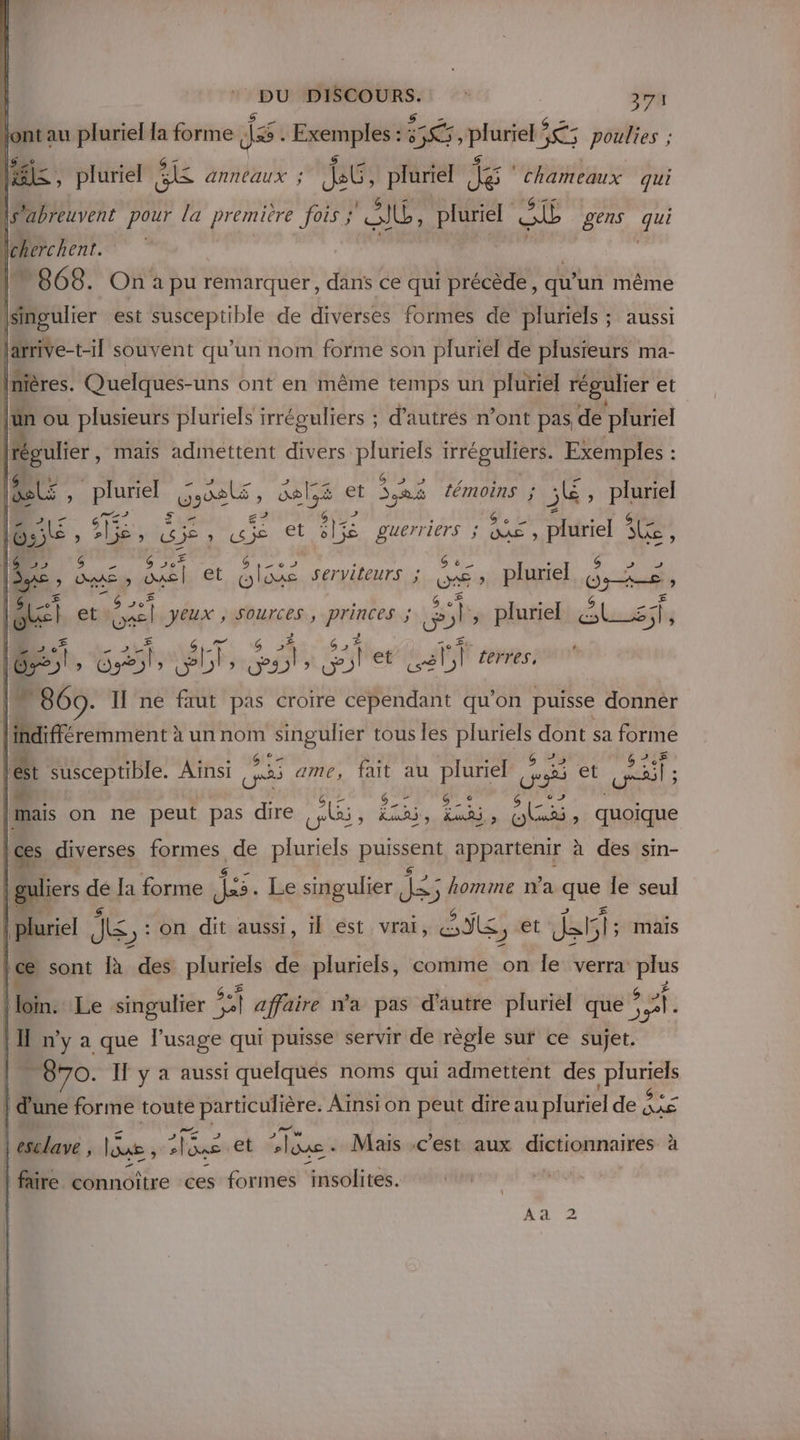 sn DISCOURS. 3'7A Ve au 77 « un js: peu 5, 4 5 Lt | mières. Quelques-uns ont en même temps un pluriel régulier et {un ou plusieurs pluriels irréguliers ; d’autrés n’ont pas de pluriel {| (régulier, mais admettent divers pluriels irréguliers. Exemples : Su, &gt; 45 4 - FE 2 RE one gpoeté ; ; 0 7 et Sa témoins ; 5 ! pluriel | w D , Ge | 633 , ST à je 4 LA et Aie guerriers ; DAS , id: Se ; 116 2% 6 ” Us Ge I I |SXE Nr débE br et Aus Servileurs ; SE , plurie de À ca ) et 2E]. yeux , SOUTCES , rie Di pluriel Tr Là Fes | 6e; Où 05 ue LE La 869. IH ne faut pas croire para qu'on puisse donnèr LE, SAME | et”: 5 A terres, (indifféremment à un nom Rs tu: tous les FR dont sa forme Les susceptible. Aïnsi CS ame, ve au ue G et HAE mais on ne peut pas dire és M MES quoique ces diverses formes, de Li PASPOS appartenir à des sin- | guliers dé la forme das Le singulier HE .; homme a due le seul | 3. on dit aussi, il est vrai, SE, et Jar 5 Mais | ni n'y a que sente qui puisse servir de er sur ce #7 1070: If y a aussi quelques noms qui admettent des _pluriels | d'une forme toute éd GE Aïnsi on peut direau pluriel de de | esclave , loue , AE et clone - Mais c'est aux dictionnaires à | faire connoître ces formes insolites. A d. ee