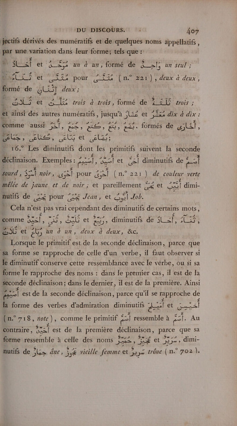 jectifs dérivés des numératifs et de quelques noms appellatifs, par une variation dans leur forme; tels que :: 2 2 , AN et ‘UT = un à un, formé de Der un Seul ; 4 a È * et À &gt; 12 pour 4 4” ( n.° 2/2;1 ) , deux a deux , formé de (Li! deux ; | | Z £ _ &gt; … G C4 e LA + &amp; 4 Fa is as et A _(Z trois à trois, formé de &amp;i &amp;V rrois ; 2% 22 et ainsi dés autres numératifs LE Et pù 3x dix à dix : | 5 Æ ’ comme aussi 35), 2 ; ES ) 2% ea PA a de 4 SUŸ, ŒUS ; sks, mer et etes: 16.° Les diminutifs dont les Bis suivent Îa seconde déclinaison. Dos: mé pie et _ diminutifs de cl sourd , 551 noir, FREE pour Sie (n° 2,1 ) de couleur verte BÂée de jaune et de noir; et RÉTAIIETERE ne et Le dimi- nutifs de J&lt;£ pour :L£ Jean, et sd Job. Cela n’est pas vrai SEE pe des diminutifs de certains mots, comme AL. cé, EE et Ë ;, diminutifs de sU=p, AFS. d at et eb; un à un, deux à deux, &amp;c. Lorsque le primitif est de {a seconde déclinaison, parce que sa forme se rapproche de celle d’un verbe, il faut observer si le diminutif conserve cette ressemblance avec le vérbe, OU si sa forme Îe rapproche des noms : dans le premier cas, il est de Ja peonde déclinaison ; dans le dernier, il est de la première. Aïnsi = A si est de la seconde déclinaison , parce qu'il se Spore de la forme des verbes d'admiration diminutifs A on. et RS bn, 718, note ), comme le primitif pra ressemble à Et: Au contraire, ve est de la première déclinaison, parce que sa ww W _ Gw _ 5 forme ressemble à celle des noms hotes ne et 513%) dimi- 3 6, 4 D her ee - Bet nutifs de js due, SE vieille femme et 53,2 trêne (n° 702 },