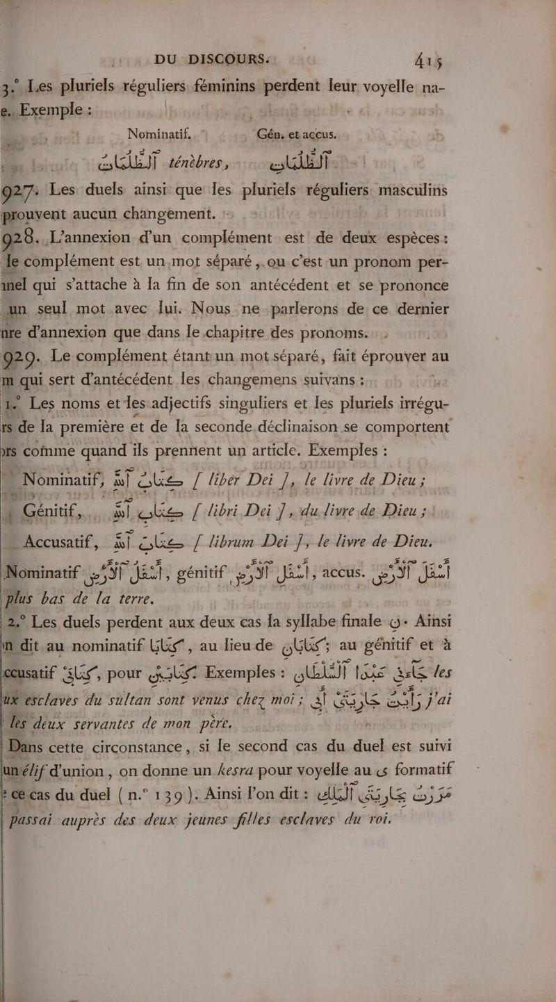 3... Les pluriels réguliers féminins perdent leur voyelle na- e. Exemple k Nominatif. Gén, et accus. 5 ai tro Mes loire : cle] ténèbres, Ab. 927: Les duels ainsi que les pluriels ME masculins prouvent aucun changement. | | 928. L’annexion d’un complément est de deux espèces : Je complément est un mot séparé ,.ou c’est un pronom per- el qui s'attache à Îa fin de son antécédent et se prononce an seul mot avec fui. Nous ne parlerons de ce dernier nre d’annexion que dans Île chapitre des pronoms. 929. Le complément étant un mot séparé, fait propres : au f #3 sert d’antécédent les changemens suivans : u - Les noms et les adjectifs singuliers et les pluriels irrécu- rs Sa la première et de la seconde déclinaison se comportent rs comme quand ils prennent un article. Exemples : : … Nominatif, s) ke / liber Dei ], le livre de Dieu ; #. | Génitif, RER ke { dlibri Dei }, du livre de FR #s) - Accusatif, Si PR ER { librum Dei P le livre de Dieu. £ Nominatif : 59f NUE génitif en JE, accus. taf du | plus bas de la terre. 2.° Les duels perdent aux deux cas a syllabe finale G-+ Aïnsi dit .au nominatif LUS, au lieu de OU; au ah et à ccusatif ‘ US, pour aus Exemples : El 1 l'axe a les ux Privés du sultan sont venus chez moi ; ss ERE ste ai À les deux servantes de mon pére. | Dans cette circonstance, si le second cas du duel est survi uné/if d'union , on donne un kesra pour voyelle : au «&amp; formatif ? ce cas du duel ( n.° 139 ). Ainsi l’on dit : a eu ylE C2 | passai auprès des deux jeunes filles esclaves du roi, |