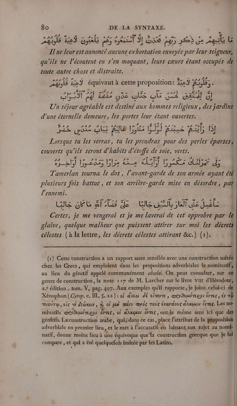 o &gt; s 227 Le &amp;sÿ ol PE RS Si se Fe) JE a CG T1 ne leur est annoncé aucune exhortation envoyée par leur seigneur, qu'ils ne l’écoutent en s'en moquant, leurs cœurs étant occupés de toute autre chose et distraits. CA LAN A ©0223 = A 2835 Le FAR à cette Shoes Loÿ Fa s | . Rap 4 Ek Los SK © ol él | Das séjou étés est destiné aux one religieux, des jardins d’une éternelle dur les AE pe tr ouvertes. So cs 05 To &gt; © AT En Lorsque tu LA verras, tu les ire pour des perles éparsess. couverts qu'ils seront d’'habits gear de Soi, Verts, | 0: er Î Does Le bre x Lie baie its Pure Tamerlan tourna Le HS ST. avant-garde de son armée tr été. plusieurs fois battue, et son arrière-garde mise en désordre , par l'ennemi. | Us EG SOUS 0e mit 5e és Hal: Certes, je me vengerai et je me laverai de cet opprobre par le glaive, quelque malheur que puissent attirer sur moi les décrets célestes (à la lettre, /es décrets célestes attirant &amp;c.) (1): (r) Cette construction a un rapport assez sensible avec une construction usitée chez les Grecs, qui emploïent dans les propositions adverbiales le nominatif, j au lieu du génitif appelé communément absolu. On peut consulter, sur ce | genre de construction, la note 117 de M. Larcher sur le livre viIr d'Hérodote;, 22 édition , tom. V, pag. 497. Aux exemples Si rapporte, je joins celui-ci 6 srl c. IL, S.22): oi dmo dé timym, mesSumiTee9! ÔVTES, €y To TOIOÛTE , &amp;iç TO d\GNEI, ù oi pa meVv pos roc épewrious dnumoi dyreg. Les no-. ES @tISvudTEeos OS, oi dAWMoI GVTEs , ontle même sens ici que dés | génitifs. La construction arabe, qui; dans ce cas, place l’attiibut de la proposition | adverbiale en premier lieu, et le met à l'accusatif en laïssant son sujet au nom natif, donne moins lieu à une Suioque que ‘la construction grecque que je Jui | compare , et qui a été quelquefois imitée par les Latins. |