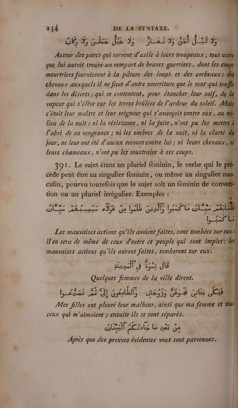 Go lirs der; ons Faye fa asile ds parcs qui servent d'asile à leurs troupeaux, tout autre. que lui auroit trouvé un rempart de braves guerriers , dont les coups meurtriers fournissent à la pâture des loups et des corbeaux;\di chevaux auxquels il ne faut d'autre nourriture que le vent qui souffle\ dans les déserts ; qui se contentent, pour étancher leur soif, dé la vapeur qui s'élève sur les terres brülées de l'ardeur du soleil. Mais | c'étoit leur maître et leur seigneur qui s'avançoit contre eux , au mi | lieu de la nuit : ni la résistance, ni la fuite, n'ont pu les mettre. l'abri de sa vengeance ; ni les ombres de la nuit, ni la clarté a jour, ne leur ont été d'aucun secours contre lui ; ni leurs chevaux, ni leurs chameaux, n’ont pu les soustraire à ses coups. 391. Le sujet étant un pluriel fin, le verbe qui le pré. cède peut être au singulier féminin, ou même au singulier ne + culin, pourvu toutefois que Île sujet soit un féminin de com: tion ou ün pluriel irrégulier. Exemples : k Ew_ 5 he SEX CORTE EE £w._ 05 Re Litres eÿ5 Ge Lab Gill Las Le lus 23 Les mauvaises actions qu'ils avoient faites, sont tombées sur eux: ilen sera de même de ceux d'entre ce peuple qui sont impies; des mauvaises actions qu ‘ils auront faites, tomberont sur eux. v voi Ë re JE LAS à femmes de La ville dirent. bas no E ns feE volé FE Mes filles ont pleuré leur malheur, ainsi que ma femme et tous ceux qui m'aimoient ; ensuite ils se sont séparés. | | Î \ | e CL) st $ _ Lt | Après que des preuves évidentes vous sont parvenues.