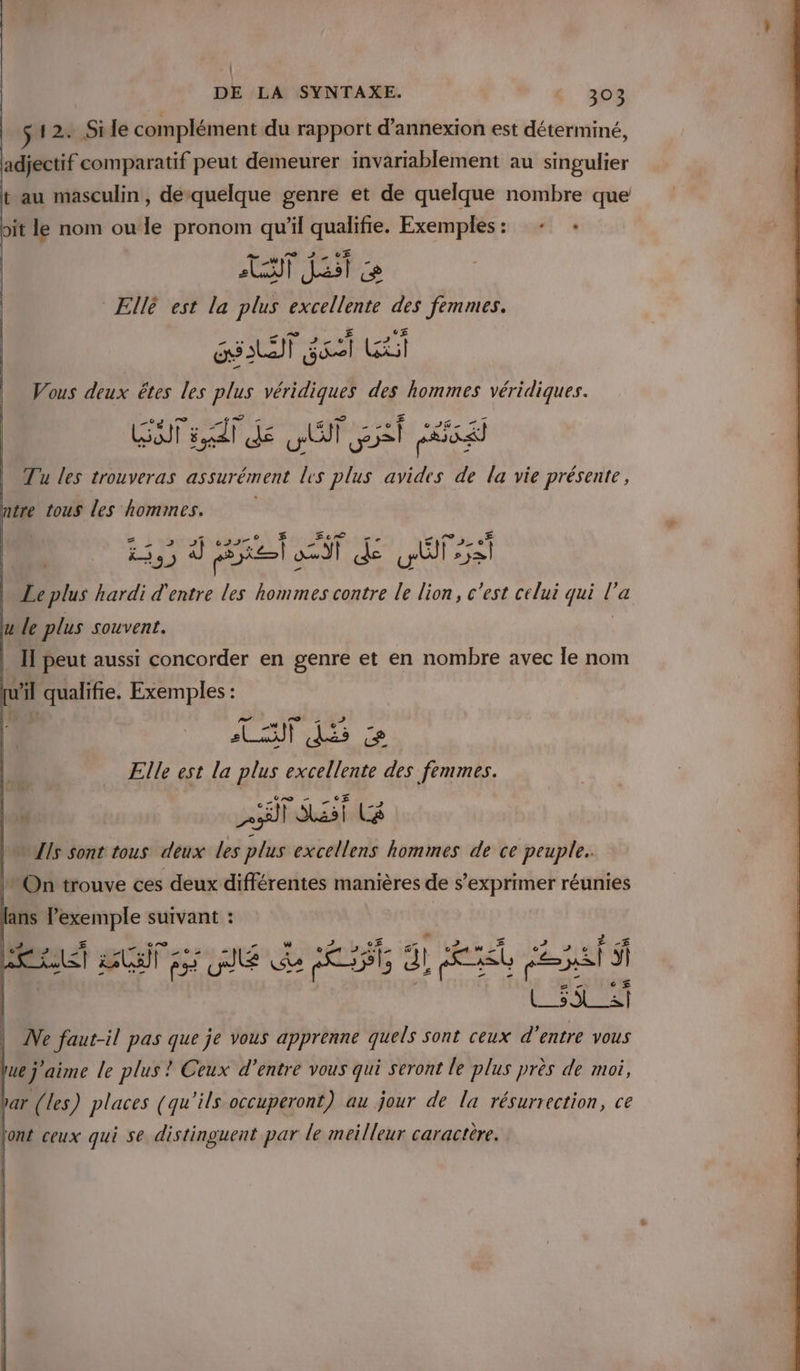 | DE LA SYNTAXE. 303 $ 12. Sile complément du rapport d’annexion est déterminé, adjectif comparatif peut demeurer invariablement au singulier t au masculin, dequelque genre et de quelque nombre que bit le nom ou le pronom qu’il qualifie. Exemples: + : An re DJ LUE Abe] Jail cc Ellé est la plus excellente des femmes. gt Sac Li Vous deux êtes les plus véridiques des hommes véridiques. ot rer L de ue st FÉSEl | Tu les trouveras assurément les plus avides de la vie présente, ntre tous les hommes. 5,5 d ie à uns | HS QT. ru Le plus hardi d'entre les hommes contre le lion, c'est celui qui l'a u le plus souvent. | | I] peut aussi concorder en genre et en nombre avec le nom qu vil qualifie. Exemples : LU 45 Ce Elle est la plus excellente des femmes. A Ve ® PA -s R sil dasl La ls sont tous deux les plus excellens hommes de ce peuple. On trouve ces deux différentes manières de s'exprimer réunies A saues Ne faut-il pas que je vous apprenne quels sont ceux d'entre vous que j'aime le plus ? Ceux d’entre vous qui Seront le plus près de moi,