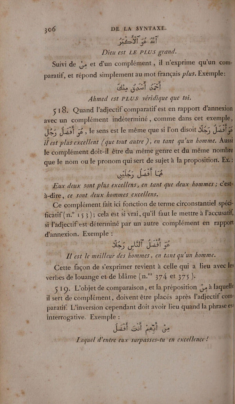 2 ie “dl Û Dieu est LE PLUS prand.. Suivi de + et d’un complément , il n’exprime qu'un com: paratif, et répond simplement au mot Fe plus. Exemple: &amp;ke so te Ahmed est PLUS véridique que toi. SI 8. Quand l'adjectif comparatif est en rapport d'annexion avec un complément indéterminé , comme dans cet exe | | | JS; Len) P , le sens est le même que si l’on disoit Lise Je ilest plus excellent (que tout autre ), en tant qu'un homme, 1 le complément doit être du mêmé genre et du même nombte. que le nom ou le pronom qui sert de sujet à la proposition. Ex: ES Jai La , ‘4 | Eux deux sont plus excellens, en tant que deux hommes ; cn à-dire, ce sont deux hommes excellens. Ce sompiénent fait ici fonction de terme circonstantiel spé - ficatif (n.° 153); cela ést si vrai, qu'il faut le mettre à l’'accusat SI Padjectif est déterimimé par un autre COMPIESES en rapport d’annexion. aa LE Il est le ide br crie en tant 1 mie homme. | Cette façon de s'exprimer revient à celle qui à lieu avec. es verbes de louange et de blâme (n.” 374 et 37s }. 4 $19. L objet de comparaison, et Îa ns Ge à laquelle il sert de complément, doivent être placés après ladjectif com paratif. L’inversion cependant doit avoir lieu quand la phraseg es intérrogative. de | Ji sh © es De Lequel d’entre eux SUrpass es-tu en excellence ! eo | pe mt nr to ou —