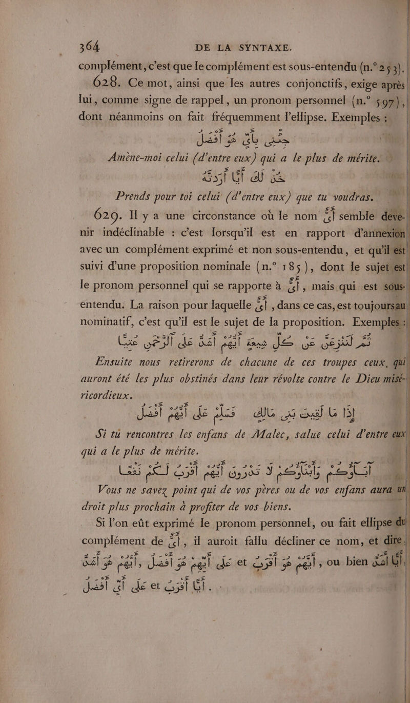 complément, c'est que le complément est sous-entendu (n.° 2 53). 628. Ce mot, ainsi que les autres conjonctifs, “re après lui, comme signe de rappel, un pronom personnel {n.° s9%),! Eee néanmoins on fait fréquemment l’ellipse. Exemples: | PAIE TUE a Amène-moi celui {d’entre eux) he a le plus de mérite. si G a Ge 7 | Prends pour toi celui (d'entre eux) que tu voudras. 620. H y a une circonstance où le nom a semble déve: | nir indéclinable : c’est lorsqu'il est en rapport d’annexio ! | avec un complément exprimé et non sous-entendu, et qu'il est suivi d’une proposition nominale (n.° 1 85 )}, dont le sujet est le pronom personnel qui se rapporte à à El , Mais qui est sous entendu. La raison pour laquelle Ebé dans ce cas, est toujoursau | ‘ RAR c’est “ il est le de de Ia proposition. 4 dl 42 o e- e 7 Sen Aa Sat sel &amp; Eant = VS VEJ FAR nous retirerons de chacune de ces troupes ceux, qu auront été les plus obstinés dans leur révolte contre le Dieu misé- ricordieux. Si tu rencontres les enfans de Malec, salue celui d'entre eux qui a le plus de mérite. em LOT LA fl 6,565 jee Et CET M) Vous ne savez des qui de vos pères ou de vos enfans aura: “4 droit plus prochain à profiter de vos biens. | Ji sf 5 dt sit ti | | | Si lon eût pre le pronom personnel, ou fait ellipse di canines de Gl; il auroit fallu décliner ce nom, et de: | il sé, ds 2 Rel de et DE 5 ou bien XI) Ji “ de et RE | D