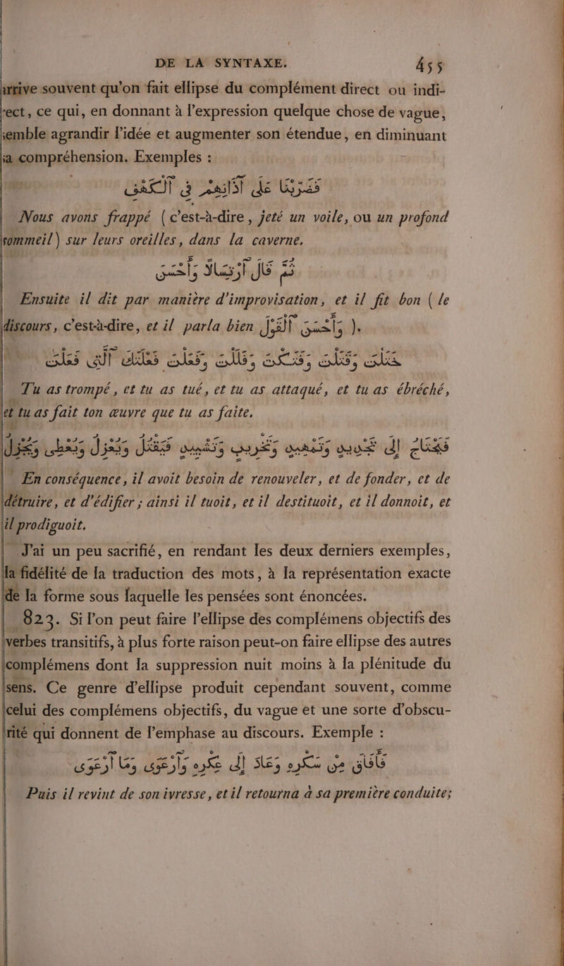 arrive souvent qu’on fait ellipse du complément direct ou indi- rect, ce qui, en donnant à l’expression quelque chose de vague, emble agrandir l'idée et augmenter son étendue, en diminuant sa Apr hension, Exemples : | F Xe) d as de 53 Nous avons frappé (c© est-à-dire jeté un voile, où un profond rommeil) sur leurs oreilles, dans la caverne, Ste ALES JE Lt FE a ss er 5 Re qe he bu PQ I Tu as trompé, ef tu as tué, et tu as attaqué, et tu as ébréché, ee tu as Jai ion œuvre que tu as faite, à: 1 4 - = CE 24 35 dx y 5 JE Days DÉS dahe5s US dl | | En FETE il avoit besoin de renouveler, et de fonder, et de détruire, et d'édifier ; ainsi il tuoit, et il destituoit, et il donnoit, et le prodiouoit. | | J'ai un peu sacrifié, en rendant les deux derniers exemples, llafidélité de Ia traduction des mots, à Ia représentation exacte Idé Ia forme sous faquelle les pensées sont énoncées. ki 823. Si l’on peut faire Route des sabre objectifs des rene dont la suppression nuit moins à la plénitude du | |sens. Ce genre d’ellipse produit cependant souvent, comme Iceluï des complémens objectifs, du vague et une sorte d’obscu- Irité qui donnent de se au discours. Exemple : ÉaÉs sole bee di 165 6e bansb