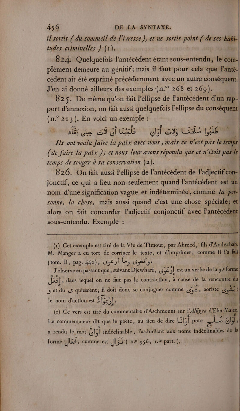 il sortit ( du sommeil de l'ivresse), et ne sortit Priue ( deses ha| tudes criminelles ) (1). 824. Quelquefois l’antécédent étant sous-entendu, Île coim-| plément demeure au génitif; mais il faut pour cela que lanté- cédent ait été exprimé précédemment avec un autre conséquent.| J'en ai donné ailleurs des exemples (n.”* 268 et 269). | 82 $- De même qu’on fait l’ellipse de l’antécédent d'un rap- port d’annexion, on fait aussi quelquefois l'ellipse du conséquent| | (n.° 213). En voici un exemple : À TT PE à PP LÉévee a NUE 1 Ils ont voulu faire la paix avec nous , mais ce n’est pas le temps (de faire la paix ); et nous leur avons répondu que, ce n ’étoit pas le | 4. | temps de songer à sa conservation (2). 826. On fait aussi l’ellipse de l’antécédent de l'adjectif con- | jonctif, ce qui a lieu non-seulement quand lantécédent est un nom d’une signification vague et indéterminée, comme /a pér- sonne, la chose, maïs aussi quand c’est une chose spéciale; et alors on fait concorder l'adjectif conjonctif avec ratée sous-entendu. Exemple . k: | OR À 4 ! (1) Cet on est tiré de la Vie de Timour, par Ahmed, fils Arabschah, M. Manger a eu tort de corriger le texte, et d'imprimer, comme jl la fu (tom. Il, pag. 440), Léne 3t 4 «385 ; J'observe en passant que, suivant Djewhari, ,ç 2 pi est un verbe de la 9.° foie | Ji, dans lequel on ne fait pas la contraction, à cause de Îa rencontre du Jet du «$ nt, il doit donc se conjuguer comme nr A aoriste Li: | le nom d’actionest » Age 5]. | | | (2) Ce vers est tiré du commentaire ner sur l'Alrya d'Ebn-Malec rw { Le commentateur dit que le poëte, au lieu de dire GE Î pour == Oh» a rendu le mot ut 1 indéclinable, lassimilant aux noms indéclinables -de la! formé JS , comme est Ji ( n° 956, 1.% part, ). .