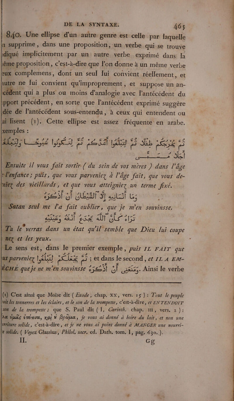 | | _ DE LA SYNTAXE. 465 | 840. Une ellipse d'un autre genre est celle par laquelle ln supprime, dans une proposition, un verbe qui se trouve \diqué implicitement par un autre verbe exprimé dans Ia \ème proposition, c’est-à-dire que on donne à un même verbe eux complemens , dont un seul lui convient réellement, et hutre ne lui convient qu'improprement , et suppose un an- cé nt qui a plus ou moins d’analogie avec l’antécédent du ipport précédent, en sorte que lantécédent exprimé suggère |dée de l’antécédent sous-entendu , à ceux qui entendent ou lai lisent (1). Cette ellipse est assez fréquente en arabe. (xemples : : ADI, LE, Lun FF CRETE | Ÿ ROLE be] | Ensuite il vous fait sortir ( du sein de vos mères ) dans l'âge 2 enfance; puis, que vous parveniez à l'âge fait, que vous de- lniez des vieillards, et que vous atteigniez. un terme fixé. Fée | 5e a SET ÿl Pre a ] G; | Satan seul me l’a Fe oublier, “que je men souvinsse, | |- To 027 AAAE 9 Hip EÉ ar Ête 155 | Le de L. Ta le” verras dans un état qu'il semble que Dieu lui coupe nez et les yeux. | Le sens est, dans le Hi exemple, puis IL FAIT que 1: lus parveniez |, | LU à Fe ; et dans le second , ef IL A EM- | ÊCHE pus je ne m'en SOUVINSSe à PE sÉ ASS. Ainsi le verbe | I(1) C'est ainsi que Moïse dit ( Exode, chap. XX, vers. 1$ ): Tout le peuple voit les tonnerres et les éclairs, et le son de la trompette, c'est-à-dire, et ENTENDOIT {son de la pa L S. Paul dit (I, Corënth. chap. 11, vers. 2 ): l\æ Vuès émnou, TC] &amp; Lpaua , je vous ai donné à boire du lait, et non une “rriture solide, c’est-à-dire, et je ne vous ai point donné 4 MANGER une nourri- Ve solide, ( Voyez Glassius, Philol, sacr. ed. Dath. tom. I, pag. 630. ). IT. cg