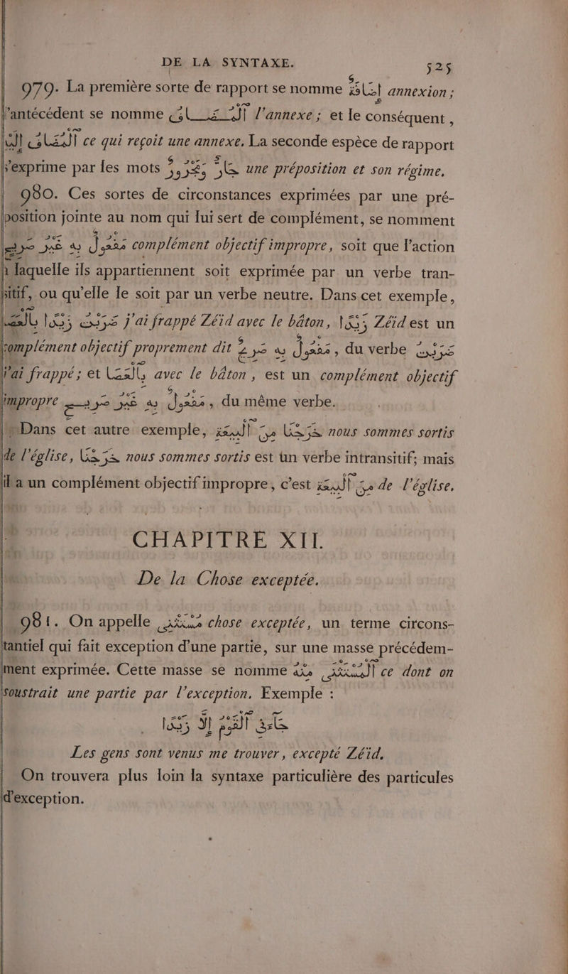 979. La première Fa de rapport se nomme Le annexion ; l’antécédent se nomme PARU (l | l'annexe ; et le conséquent , AJ AA) ce qui reçoit une annexe, La seconde espèce de rapport FRE $ Fexprime par les mots 5,5%, na une préposition et son régime. 980. Ces sortes de circonstances exprimées par une pré- position US au nom qui lui sert de complément, se nomment = DS RS 4 7. er complément objectif impropre, soït que l’action À laquelle is appartiennent soit exprimée par un verbe tran- hitif, ou qu’elle le soit par un verbe neutre. Dans cet exemple, PAT lo 35 j 'ai frappé Zéïid avec le ie lS; Zéid est un lmplément objectif P! oprement dit ? £yS à io LA ; du Verbe rs lai i frappé; et BAR avec le bâton, est un complément objectif | S impropre et: 0 HE Jssxs, du même verbe. MDans cet autre exemple, ko) ic Ge L&amp;;S nous sommes sortis 1 le CHAPITRE XIL De la Chose exceptée. 081. On appelle xËcu chose exceptée, un terme circons- tantiel qui fait exception d’une partie, sur une masse : précédem- ment exprimée. Cette masse se nomme axe pri) ce dont on \ une partie par ne : LS; ] LR HE Les gens sont venus me trouver, excepté Zéïd, On trouvera plus loin la syntaxe particulière des particules d'exception. 1 De. à nt,