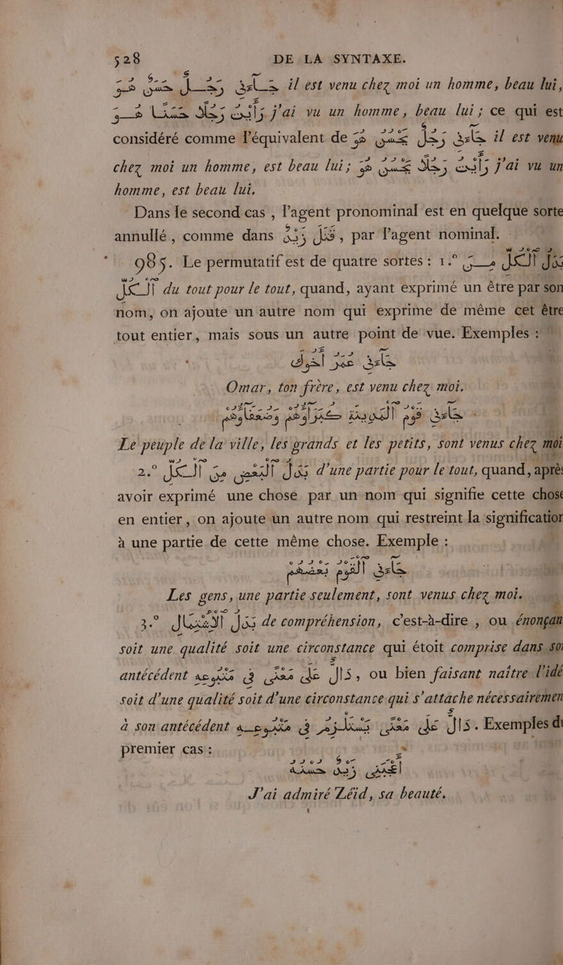 Le 5 = ES _=, ss il est venu chez moi un homme, beau lui, pe” 5 ds il j ’ai vu un homme, age lai ; ce qui est considéré comme l'équivalent de 55 ja£ des ë LE G il est venu SJ D 07 chez moi un homme, est beau lui ; GE de, EE j'ai vu un homme, est beau lui, Dans le second cas , l’agent pronominal est en quelque sorte Hé dans à JS l'e inal. annullé , comme dans 53 AS, par l'agent nomma TT Ja Ver | du tout pour le tout, quand, ayant exprimé un être par son 98 S: Le pérmutatif est de quatre sortes : 1. | Os id) nom, on ajoute un autre nom qui exprime de même cet être tout entier, mais sous un autre PO de vue. Exemples : ” à dsl xs LE Omar, ton fre, est venu he moi, A - 2 be Le près 22 à sise ent il 5 A Le de de la ville, les grands et les petits, Sont venus ire mi aline » il ÈS d’une partie pour le tout, quand, à aprè avoir exprimé une chose par un nom qui signifie cette chos en entier, on ajoute un autre nom qui restreint Îa significatior à une partie de cette même chose. Fxsnlés piési à sat SE act A Les gens, une partie ER sont venus chez moi. J Gt Jé de compréhension, c’est-à-dire , ou .érongi soit une qualité soit une circonstance qui étoit comprise danswsa antécédent ae AR is os Ft NE , ou bien faisant naïtrewl 'idé soit d’une qualité soit d'une circonstance qui $ ‘attache nécessairemen à son antécédent as 3 2 SAIS RO Le J Is. Een premier cas: 207 6 eo net J'ai admiré Zéid, sa beauté.