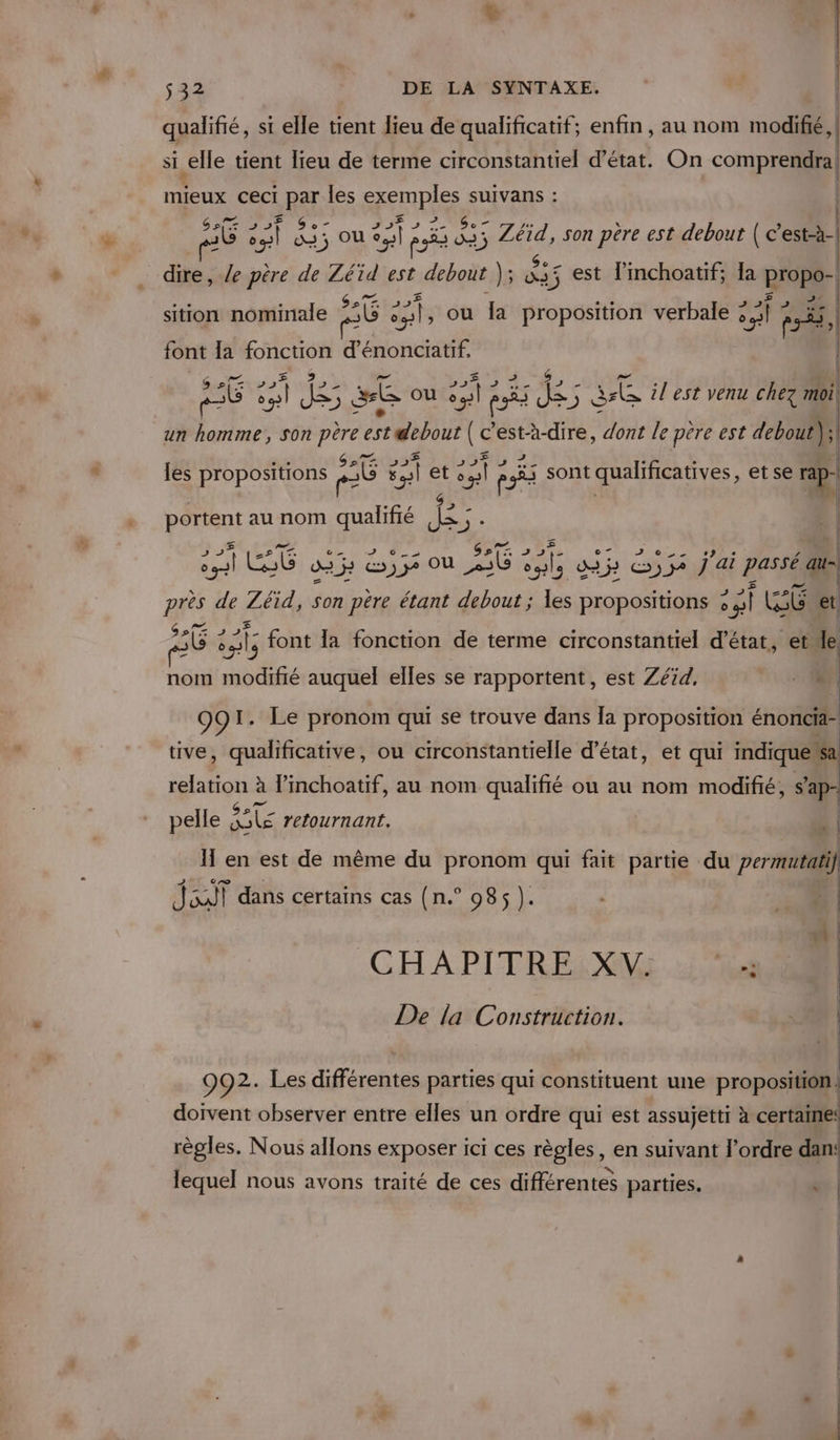 qualifié, si elle tient lieu de qualificatif; enfin , au nom modifié : si elle tient lieu de terme circonstantiel d'état. On comprendra! | mieux se RE les qe suIvans : | ni “% fr ou 51e ee Fe 1) ; Zéïd, son père est debout | c’est-à- sition nominale AE ah ou Ja proposition verbale sr ri, font Îa fonction d'énonciatif, | RE &lt;a S se ou or si , CE il est venu chez 11 un homme, son dt est debout (c HU € dont le père est debout les propositions «6 sl et o ae rs sont qualificatives, et se 1 périsnt au nom qualifié tas da &lt; | A LG da: Ge ou RAE AE dj Co) 52 j'ai passé 7 Ps Zéïid, son père étant debout ; les propositions : ÉtU Gé et 66 : tt font la fonction de terme circonstantiel d'état, et le nom modifié auquel elles se rapportent, est Zézd, a. 991. Le pronom qui se trouve dans la proposition énoncia- tive, qualificative, ou circonstantielle d'état, et qui indique a relation à linchoatif, au nom qualifié ou au nom modifié, s'ap- pelle LE retournant. | . | IT en est de même du pronom qui fait partie du permuta) Pol dans certains cas (n.° 985 ). 4 | CHAPITRE XV: De la Construction. x 992. Les différentes parties qui constituent une proposition! doivent observer entre elles un ordre qui est assujetti à certaine règles. Nous allons exposer ici ces règles, en suivant l’ordre dan: lequel nous avons traité de ces différentes parties. w |