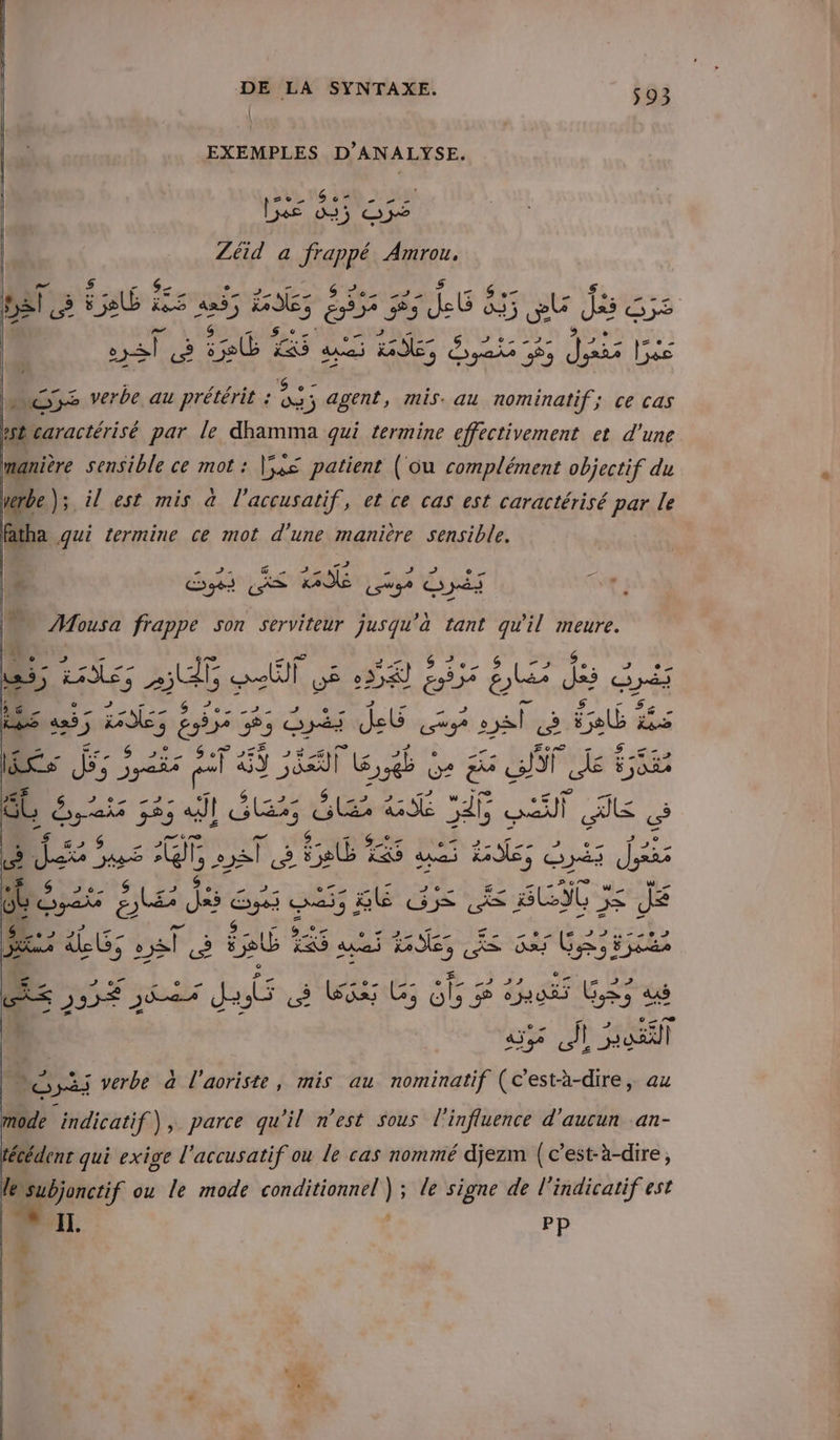 | EXEMPLES D’ANALYSE. les Ge: ” pr DE dy Se Zéid a vs es LL: Fe AO mn $«- Rss Jo, 1, en 2 sa RS avai Ses Oyahe 93 or jo en LuG52 verbe au prétérit : Fi j agent, mis. au nominatif; ce cas caractérisé par le dhamma gui termine effectivement et d'une manière sensible ce mot : \$4s patient (ou complément objectif du verbe); il est mis à l’accusatif, et ce cas est caractérisé par le fatha qui termine ce mot d'une manière sensible. — 1e io, LCR ss Oyès 3 Mousa frappe son serviteur jusqu à tant qu'il meure. LS ire 3 ee LE Si VS * ea AP Ês ds oyË Mu; bob; is 5 Gi deb cas jof à Ge &amp; Ms 5; is me 3 ET Gb Le 6 GT LE ses Lee SCIE PRE = SL 10 va ail Sa ES AN jé si) AE «s Mi 5 s PAT 16 nu Le Gris Ja ù LS à, Eu 1e Eyes TE SE CE AS BIC &gt;&lt; JE 42 0 DJ PME nn a (2 ges M 55 sois Ja 4 Ua Go Gb irait Le Oyi; verbe à l'aoriste, mis au nominatif (eus au mode indicatif), parce qu'il n’est sous l'influence d'aucun an- fécédent qui exige l'accusatif ou le cas nommé djezm (c'est-à-dire, lésubjonctif ou le mode conditionnel ) ; le signe de l'indicatif est 1. PP