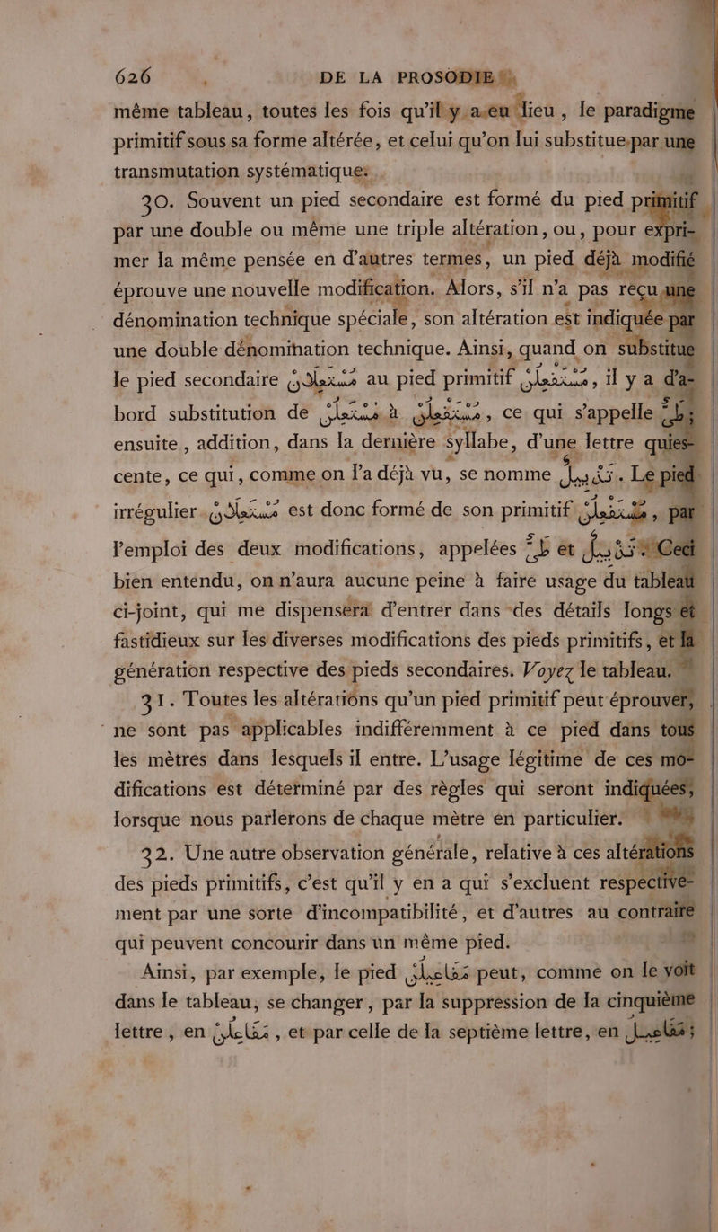 même tableau, toutes les fois qu’il y aeu lieu Je paradigme primitif sous sa forme altérée, et celui qu’on lui substitue.par une | transmutation systématique: | 30. Souvent un pied secondaire est formé du pied pri ie ! par une double ou même une triple altération, ou, pour expris | mer Ja même pensée en d’autres termes, un pied déjà à modifié | éprouve une nouvelle modification. Mors, s'il n'a pas reçu dénomination technique spéciale, son altération est Fndiqués à une double dénomination technique. Ainsi ; quand on sb CT le pied secondaire Dee au pied primitif &amp; aise l ya de he bord substitution de Lexus : dis, ce qui s'appelle “. | ensuite , addition, . la dernière syllabe, d'une Jettre qui cente, ce qui, comme on l’a déjà vu, se nomme A as. Le spi irrégulier A EE est donc formé de son primitif MERS - , Par e Q e r S ca © PT d à lemploi des deux modifications, appelées * L et 55 iCed 4 bien entendu, on n'aura aucune peine à faire usage du tableau ci-joint, qui me dispensera d'entrer dans “des détails longs ét | Œ fastidieux sur les diverses modifications des pieds primitifs, “à génération respective des pieds secondaires. Voyez le tableau 31. Toutes les altératiôns qu’un pied primitif peut éprouvér, ‘ne sont pas applicables indifféremment à ce piéd dans tous les mètres dans lesquels il entre. L’usage légitime de ces mo- difications est déterminé par des règles qui seront indiquées, lorsque nous parlerons de chaque mètre en particulier.  M nn 32. Une autre observation générale, relative à ces aérations des pieds primitifs, c’est qu'il y en a qui s’excluent respecté ment par une $sorte d'incompatibilité , et d’autres au contr qui peuvent concourir dans un même pied. #3 Aïnsi, par exemple, le pied laits peut, comme on le voit dans le tableau, se changer, par la suppression de a cinquième lettre , en ‘Lx: , et par celle de la septième lettre, en Jelé:;