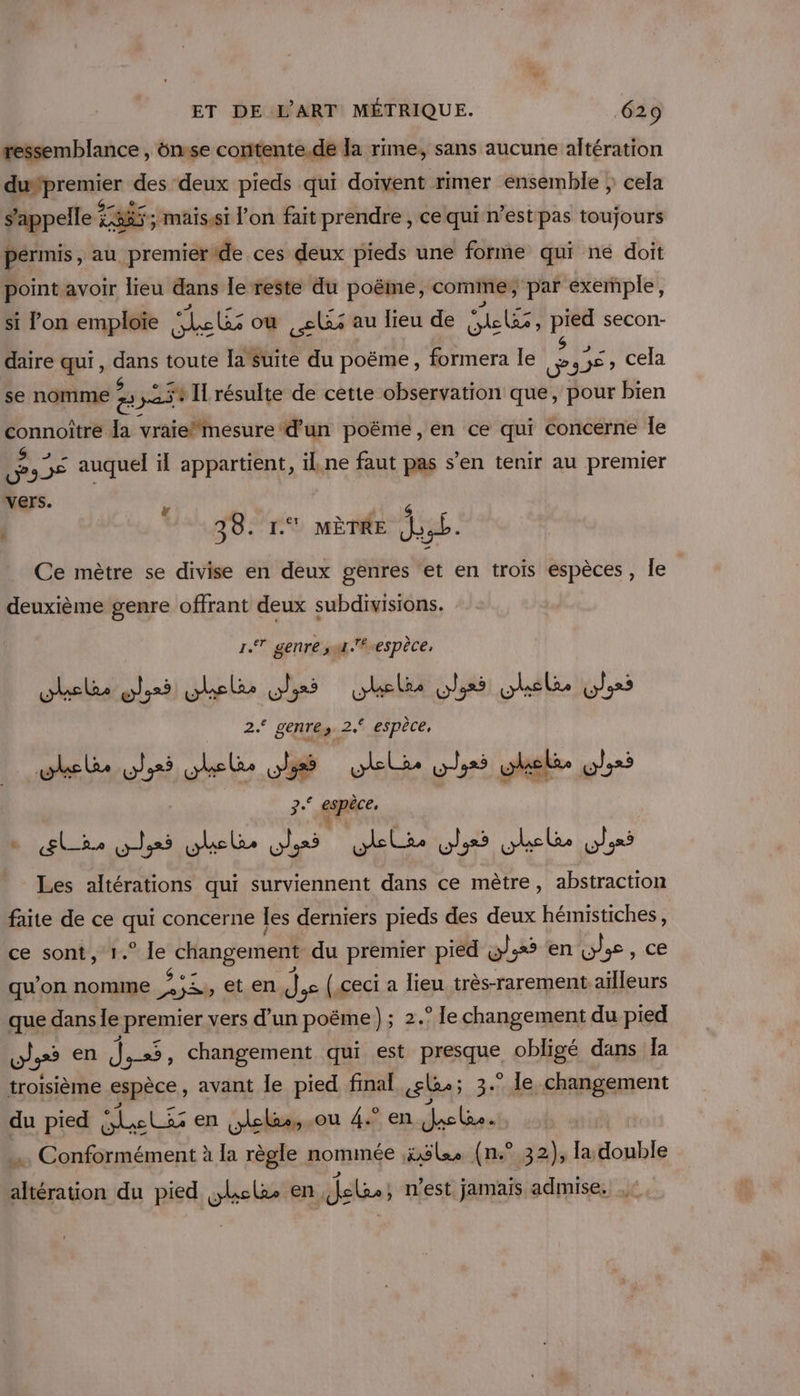 ressemblance , ünsse contente.de la rime, sans aucune altération dufpremier des deux pieds qui doivent rimer ensemble } cela s'appelle £&amp;x5; maisssi lon fait prendre , ce qui n’est pas toujours permis, au premieride ces deux pieds une forme qui ne doit point avoir lieu dans Île reste du poëme, comme, par exemple, si lon emploïe it où els au lieu de AE ES secon- daire qui, Hi toute lasuite du poëme, formera le 2,5&lt;, cela se nomme 2: 325% Il résulte de cette observation que, pour bien St gai la vraie”mesure d’un poëme, en ce qui Concerne le La 3&lt; auquel il appartient, il, ne faut pas s’en tenir au premier vers. ÿ | Nr 38. 1. MÈTRE Job. Ce mètre se divise en deux genres et en trois espèces, le deuxième genre offrant deux subdivisions. 1.7 genre su1.#respèce, ok pla hole olss ohelis oh phele vhs 2.° genres. 2. espèce, where w525 he ue wlele his wlelée y, FN gaie. + lie yes ohelu oh oleli ge chelis vs Les altérations qui surviennent dans ce mètre, abstraction farte de ce au concerne Îes derniers pieds des deux hémistiches, ce sont, 1.° le changement du premier pied w.25 en se Ds qu'on nomme » ES , et en &lt;' |, (ceci a lieu très-rarement ailleurs que dans le premier vers d’un poëme) ; 2.” le changement du pied  05 en j |,x5, changement qui est presque obligé dans [a troisième espèce, avant le pied final El; 3. * Je. changement du pied Do toes en Lee. ou 4.° en dc ss … Conformément à la règle nommée is (n°32), la double altération du pied ele en (fele; n'est jamais admise. ,