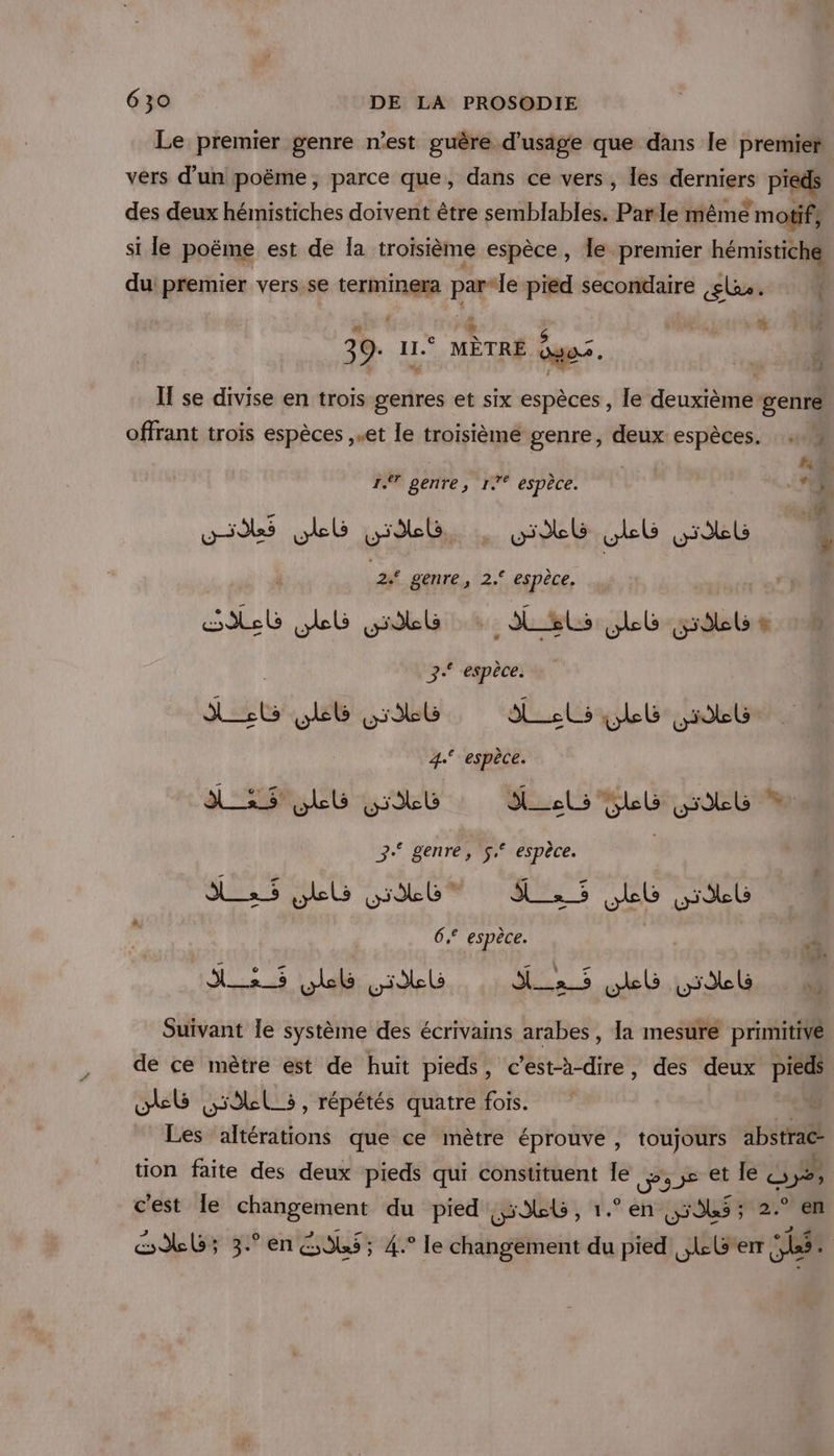 Le premier genre n’est guère d'usage que dans le premier vêrs d’un poëme, parce que, dans ce vers, les derniers pieds des deux hémistiches doivent être semblables. Pan le même motif, si le poëme est de Ia troisième espèce , Île premier hémistiche du: premier vers se ME par-le pied secondaire ,sl. | RE $ 2 9. ur MÈTRE e . I! se divise en trois genres et six espèces, le deuxième genre offrant trois espèces et le troisième genre, deux espèces. à 0 re genre, °° espèce. vx. #0 Us bb GAL, , HA bb 2 genre, 2.° espèce. Seb Jb Gb + sb LL gré t 3 espèce. CE ob sb SL veb ot 4.° espèce. SL GG: els le en 3 genre, 5 espèce. L 5 SH HALT 25 LL 4 6 espèce. 45 et sil : Hs 5 Leb prie Suivant Île système des écrivains arabes, la mesure primitive de ce mètre est de huit pieds, c’est-à-dire, des deux pieds kb 595, répétés quatre fois. 2 Les altérations que ce mètre éprouve , toujours abstrac- tion faite des deux pieds qui constituent le DPs2s et le «; Ée ; c'est le Mn rire du pied Hb , 1.° en DS 5 en SL; 3° en PERCTOEE 4.° Je changement du pied ,Lerr ci 24 4