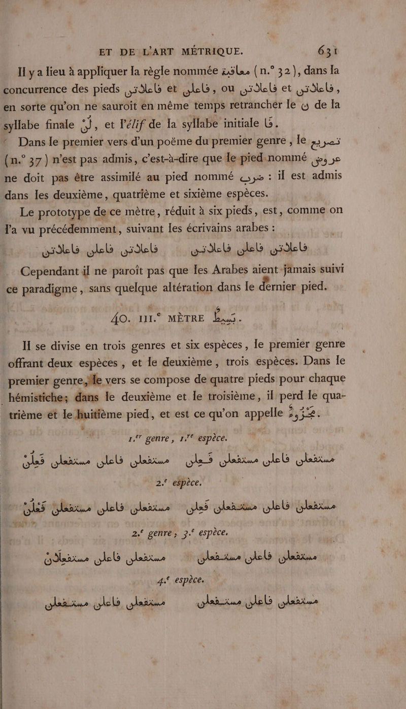 Il y a lieu à appliquer la règle nommée ä5L.. (n.° 32), dans la concurrence des pieds LU et JL, ou 45) et wi , en sorte qu'on ne sauroit en même temps retrancher le «; de fa PL 1e “Y û e CRC _ syllabe finale {J, et lé/if de Ia syllabe initiale (s. © Dans le premier vers d’un poëme du premier genre , le ;; 5 (n.° 37) n’est pas admis, c’est-à-dire que le pied:nommé 5, 3e ne doit pas être assimilé au pied nommé «,, : Il est admis dans les deuxième, quatrième et sixième espèces. Le prototype de ce mètre, réduit à six pieds, est, comme on l'a vu précédemment, suivant les écrivains arabes : nb SLb ob LL lb gl Cependant il ne paroît pas que les Arabes aient jamais suivi ce paradigme, sans quelque altération dans le dernier pied. + A AO. 111. MÈTRE Las. H se divise en trois genres et six espèces , le premier genre offrant deux espèces , et le deuxième, trois espèces. Dans le premier genre,Mle vers se compose de quatre pieds pour chaque _ hémistiches; dans le deuxième et le troisième, ïl perd le qua- pe | bs : e_ Len ° 3 @. 2 07 trième ét le huitième pied, et est ce qu'on appelle ;,5&lt;. » J 1, gahre, Ji Æspéce. 1 - ri ‘ ‘ %S 2. espèce, : 2 &gt; ; _ Lies Gare web LAsiturs Lie (hasta obG Dia 2.‘ genre; 7.° espèce, 4° espèce.