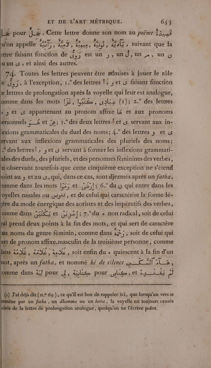 ct [2 d : P PA Le pour JÆ : a lettre donne son nom au poëme sous | TS $&lt; Sat 7aft . tu'on nee sr ; 3 » ÉAARA » be , &amp;:B , Suivant que Îa ot. 7A. Toutes les lettres peuvent être admises à jouer le rôle 5 5 # | , j e &amp;,5, à l'exception, 1.° des lettres 1, sets faisant fonction e lettres de prolongation après Ia voyelle qui leur est analogue, ERP omme dans les mots lié, Le, 43e (1); 2.° des lettres : + et &amp; appartenant au pronom affhixe L$ et aux pronoms ersonnels * 5 et ce; &gt;. des deux lettres.l et çs servant aux in- lexions grammaticales du duel des noms; 4.° des lettres ; et ervant aux inflexions grammaticales des pluriels des noms; 9 deslettres! , ; et « servant à former les inflexions grammati- ales des duels, des pluriels, et des personnes féminines des verbes, n observant toutefois que cette cinquième exception ne s'étend hoint au ; et aus, qui, dans ce cas, sont djezmés après un fafha, _ ‘5 les ‘omme dans Îles mots |: ls; et Le] 6.” du 6 qui entre dans les ll toyelles nasales ou 5:45, et de celui qui caractérise [a forme 1é- rère du mode énergique des aoristes et des impératifs des verbes, jomme dans Rues et y 9E 7.° du + non radical, soit de celui : qui prend deux points à [a fin des mots, gt séqui sert de caractère ux noms du genre féminin, comme dans Ds 35 soit de celui qui Kà de DRIRAYEE ARENA GR de la troisième REFANES comme | (1) J'ai déjà dit (n.° 69 ), ce qu'il est bon de rappeler ici, que lorsqu'un vers se (tmine par un fafha , un dhamma ou un fesra , la voyelle est toujours censée uivie de la lettre de prolongation analogue, quoiqu'on ne l’écrive point.