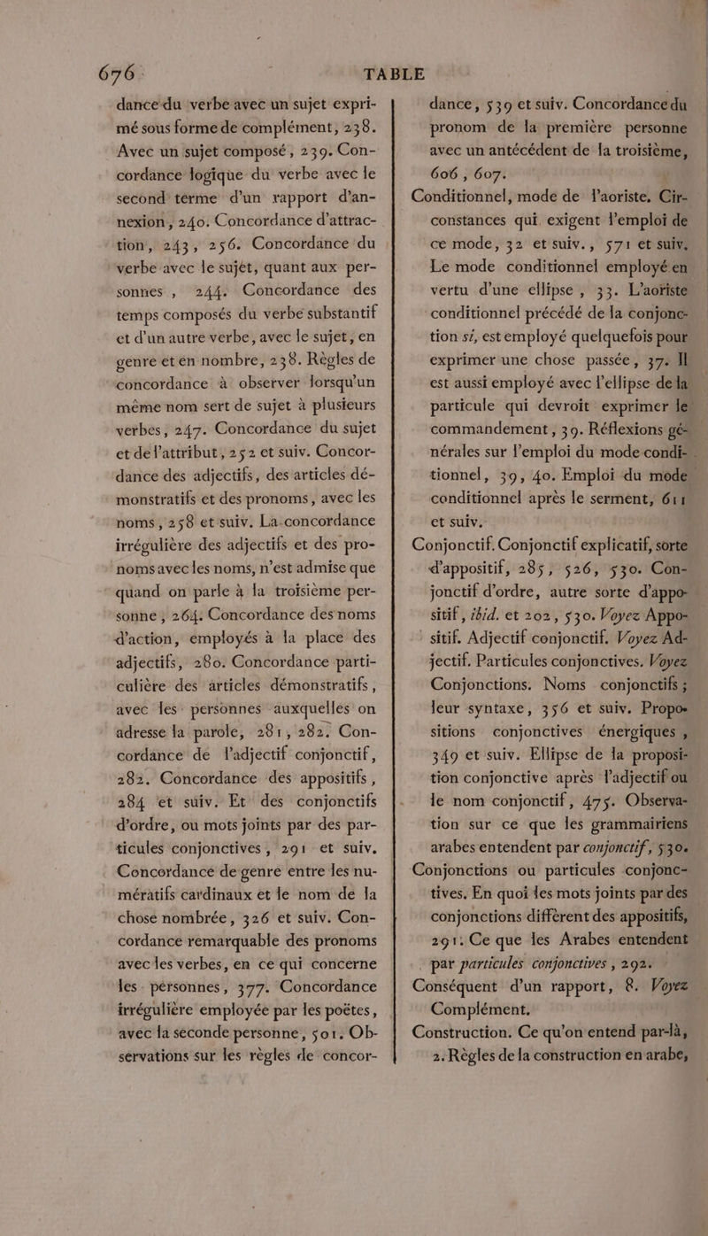 dance du verbe avec un sujet expri- mé sous forme de complément, 238. Avec un sujet composé, 239. Con- cordance logique du verbe avec le second térme d’un rapport d’an- tion, 243, 256. Concordance du verbe avec le sujét, quant aux per- sonnes , 244. Concordance des temps composés du verbe substantif et d’un autre verbe, avec le sujet, en genre et en nombre, 238. Règles de concordance à observer lorsqu'un même nom sert de sujet à plusieurs verbes, 247. Concordance du sujet et de lattribut, 25 2 et suiv. Concor- dance des adjectifs, des articles dé- monstratifs et des pronoms, avec les noms, 258 et suiv. La concordance irréoulière des adjectifs et des pro- noms avec les noms, n’est admise que quand on parle à la troisième per- sonne , 264. Concordance des noms d'action, employés à la place des adjectifs, 280. Concordance parti- culière des articles démonstratifs, avec Îles personnes auxquelles on adresse la parole, 281, 282. Con- cordance de l'adjectif conjonctif, 282. Concordance des appositifs, 284 et suiv. Et des conjonctifs d’ordre, ou mots joints par des par- ticules conjonctives, 291 et suiv. Concordance de genre entre les nu- mératifs cardinaux et le nom de la chose nombrée, 326 et suiv. Con- cordance remarquable des pronoms avec les verbes, en ce qui concerne les personnes, 377. Concordance irrégulière employée par les poëtes, avec la seconde personne, sor. Ob- servations sur les règles de concor- dance, 539 et suiv. Concordance du pronom de la première personne avec un antécédent de Îa troisième, 606 , 607. Conditionnel, mode de laoriste, Cir- constances qui, exigent l'emploi de ce mode, 32 et suiv., 571 et suiv. Le mode conditionnel employé.en. vertu d’une ellipse , 33. L’aoriste “conditionnel précédé de Ia conjonce: tion sé, est employé quelquefois pour exprimer une chose passée, 37. II est aussi employé avec l’ellipse dela: particule qui devroit exprimer les commandement , 39. Réflexions gé. nérales sur l'emploi du mode condi-… tionnel, 39, 40. Emploi du mode” conditionnel après le serment, 611 et suiv. Conjonctif. Conjonctif explicatif, sorte d’appositif, 285, 526, 530. Con- jonctif d'ordre, autre sorte d’'appo- sitif, 4/d. et 202, $30. Voyez Appo- - sitif. Adjectif conjonctif. Voyez Ad: jectif. Particules conjonctives. Voyez Conjonctions. Noms conjonctifs ; leur syntaxe, 356 et suiv. Propos sitions conjonctives énergiques , 349 et suiv. Ellipse de la proposi- tion conjonctive après l'adjectif ou le nom conjonctif, 475$. Observa- tion sur ce que Îes grammairiens arabes entendent par conjonctif, 530. Conjonctions ou particules conjonc- tives. En quoi les mots joints pardes conjonctions diffèrent des appositifs, 291. Ce que les Arabes entendent . par particules conjonctives , 292. Conséquent d’un rapport, &amp;. Voyez Complément. Construction. Ce qu'on entend par-là, 2. Règles de la construction en arabe,