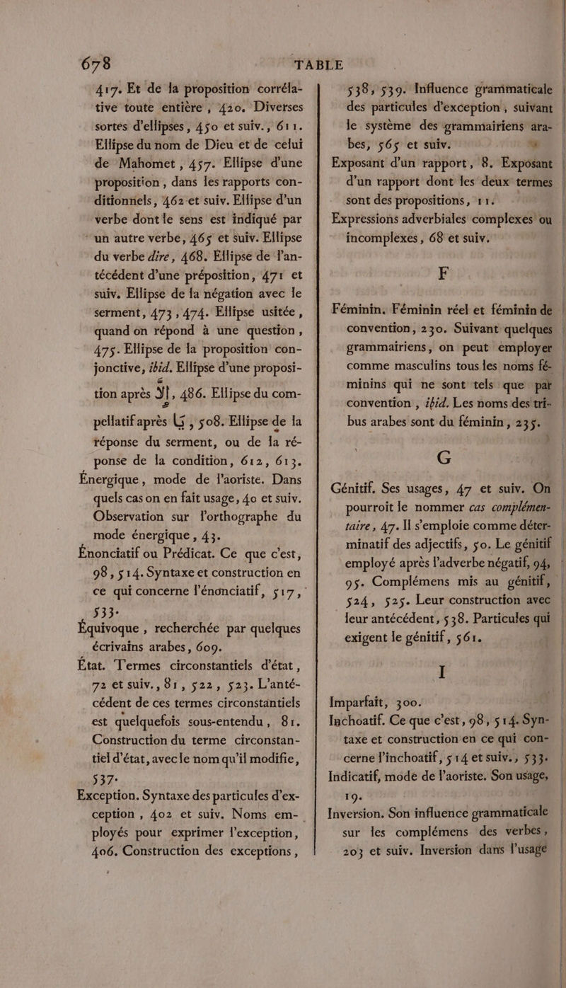 417. Et de la proposition corréla- tive toute entière, 420. Diverses sortes d’ellipses, 4$o et suiv., 611. Ellipse du nom de Dieu et de celui de Mahomet , 457. Ellipse d’une proposition , dans les rapports con- ditionnels, 462 et suiv. Ellipse d’un verbe dont le sens est indiqué par “un autre verbe, 465$ et suiv. Ellipse du verbe dire, 468. Ellipse de l'an- técédent d’une préposition, 471 et suiv. Ellipse de {a négation avec le serment, 473 , 474. Ellipse usitée, quand on répond à une question, 475. EHipse de la proposition con- jonctive, ibid. Ellipse d’une proposi- tion après ÿ] , 486. Ellipse du com- 2 pellatif après LS , 508. Ellipse de la réponse du serment, ou de la ré- ponse de la condition, 612, 613. Énergique, mode de l'aoriste. Dans quels cas on en fait usage, 40 et suiv. Observation sur orthographe du mode énergique , 43. Énonciatif ou Prédicat. Ce que c’est, 98,514. Syntaxe et construction en 933: quivoque , recherchée par quelques écrivains arabes, 609. État. Termes circonstantiels d'état, 72 et suiv., 81, $22, 523. L’anté- cédent de ces termes circonstantiels est quelquefois sous-entendu, 81. Construction du terme circonstan- tiel d'état, avecle nom qu'il modifie, 537° Exception. Syntaxe des particules d’ex- ployés pour exprimer l'exception, 406. Construction des exceptions, Û 538; 539. Influence grammaticale des particules d'exception , suivant le système des grammairiens ara- bes, 565$ et suiv. ‘# d'un rapport dont les deux termes sont des propositions, 11. incomplexes, 68 et suiv. F Féminin. Féminin réel et féminin de convention, 230. Suivant quelques grammairiens, on peut employer minins qui ne sont tels que par convention , £hid. Les noms des tri- bus arabes sont du féminin, 235. G Génitif. Ses usages, 47 et suiv. On pourroit le nommer cas complémen- taire, A7. H s'emploie comme déter- minatif des adjectifs, so. Le génitif 95- Complémens mis au génitif, 524, 525. Leur construction avec _ Ieur antécédent, 538. Particules qui exigent le génitif, 561. ,: Imparfait, 300. Inchoatif. Ce que c’est, 98, 5 14. Sy taxe et construction en Ce qui con- cerne l'inchoatif, ç 14 et suiv., 533. Indicatif, modé de l’aoriste. Son usage, I 9: Inversion. Son influence grammaticale sur les complémens des verbes, 203 et suiv. Inversion dans l'usage