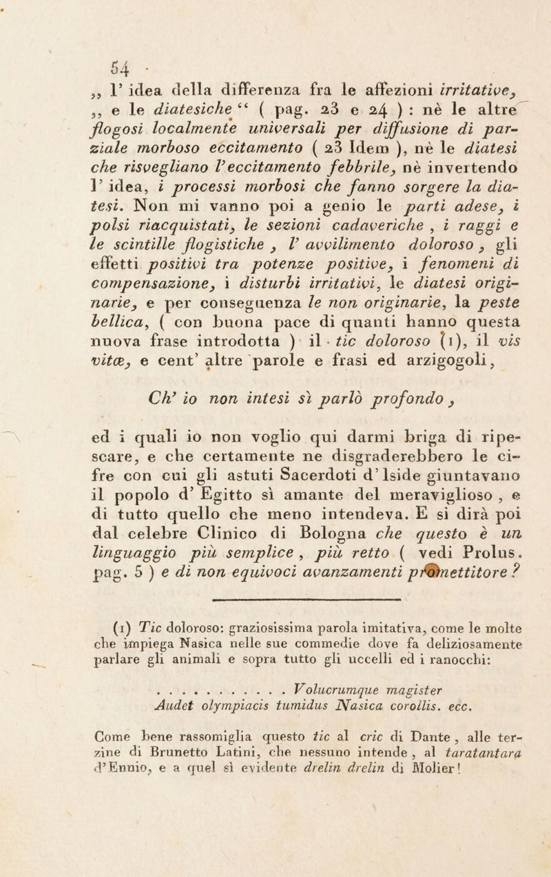 ,, 1* idea della differenza fra le affezioni irritative, ,, e le diatesiche “ ( pag. 23 e 24 ) : nè le altre flogosi localmente universali per diffusione di par¬ ziale morboso eccitamento ( 23 Idem ), nè le diatesi che risvegliano Veccitamento febbrile, nè invertendo 1’ idea, i processi morbosi che fanno sorgere la dia¬ tesi. Non mi vanno poi a genio le parti adese, i polsi riacquistati, le sezioni cadaveriche , i raggi e le scintille flogistiche , V avvilimento doloroso , gli effetti positivi tra potenze positive, i fenomeni di compensazione, i disturbi irritativi, le diatesi origi¬ narie, e per conseguenza le non originarie, la peste bellica, ( con buona pace di quanti hanno questa nuova frase introdotta ) il -tic doloroso (1), il vis vita, e cent’ altre parole e frasi ed arzigogoli, Ch’ io non intesi sì parlò profondo , ed i quali io non voglio qui darmi briga di ripe¬ scare, e che certamente ne disgraderebbero le ci¬ fre con cui gli astuti Sacerdoti d’Iside giuntavano il popolo d’ Egitto sì amante del meraviglioso , e di tutto quello che meno intendeva. E si dirà poi dal celebre Clinico di Bologna che questo è un linguaggio piu semplice , piu retto ( vedi Prolus. pag. 5 ) e di non equivoci avanzamenti prfohiettitore ? (1) Tic doloroso: graziosissima parola imitativa, come le molte che impiega Nasica nelle sue commedie dove fa deliziosamente parlare gli animali e sopra tutto gli uccelli ed i ranocchi: .Volucrumque magister Aadet olympiacis tumidus Nasica coroilis. ecc. Come bene rassomiglia questo tic al cric di Dante , alle ter¬ zine di Brunetto Latini, che nessuno intende , al taratantara d’Ennio, e a quel sì evidente drelin drelin di Molier!
