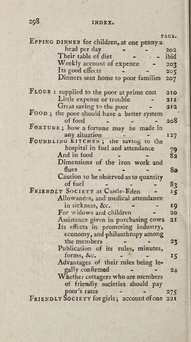 PAGE. Epping dinner for children, at one penny a head per day - - \ 202 Their table of diet - - ibid Weekly account of expence - 203 Its good effects - - 205 Dinners sent home to poor families 207 Flour : supplied to the poor at prime cost 210 Little expense or trouble - 2ix Great saving to the poor - 212 Food ; the poor should have a better system of food - - - 208 Fortune ; how a fortune may be made in any situation - - 127 Foundling kitchen ; the saving to the hospital in fuel and attendance 79 And in food - - 82 Dimensions of the iron work and flues - - - 80 Caution to be observed as to quantity of fuel • - 83 Friendly Society at Castle-Eden - 15 Allowances, and medical attendance in sickness, &amp;c. - 19 For widows and children - 20 Assistance given in purchasing cow$ 21 Its effects in promoting industry, economy, and philanthropy among the members 23 Publication of its rules, minutes, forms, &amp;c. - 15 Advantages of their rules being le¬ gally confirmed - - 24 Whether cottagers who are members of friendly societies should pay poor’s rates - - 275 Friendly Society for girls; account of one 221