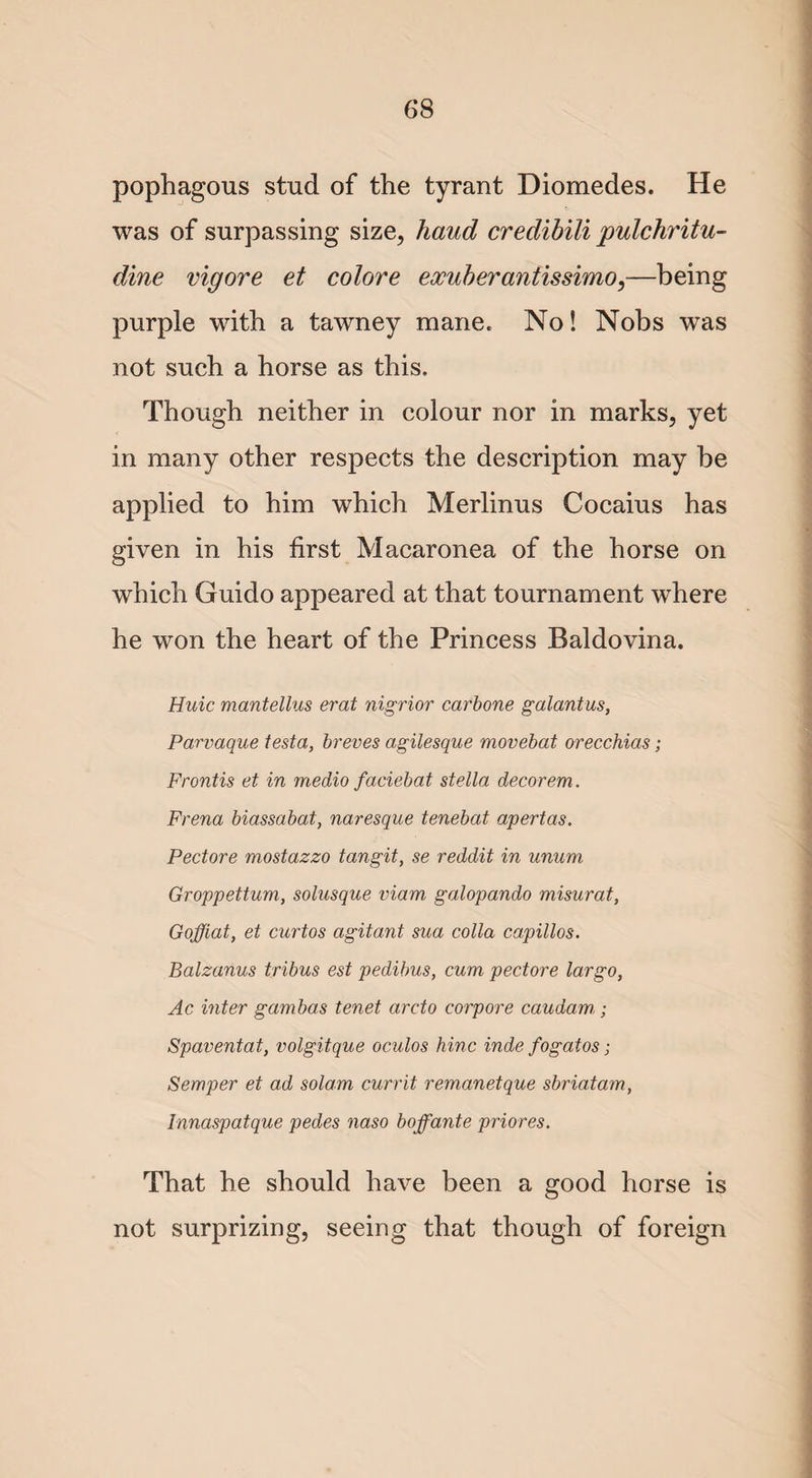 pophagous stud of the tyrant Diomedes. He was of surpassing size, haud credibili pulchritu- dine vigore et colore exuberantissimo,—being purple with a tawney mane. No! Nobs was not such a horse as this. Though neither in colour nor in marks, yet in many other respects the description may he applied to him which Merlinus Cocaius has given in his first Macaronea of the horse on which Guido appeared at that tournament where he won the heart of the Princess Baldovina. Huic mantellus erat nigrior c.arbone galantus, Parvaque testa, breves agilesque movebat orecchias; Frontis et in medio faciebat Stella decorem. Frena biassabat, naresque tenebat apertas. Pectore mostazzo tangit, se reddit in unum Groppettum, solusque viam galopando misurat, Goffiat, et curtos agitant sua colla capillos. Balzanus tribus est pedibus, cum pectore largo, Ac inter gambas tenet arcto corpore caudam,; Spaventat, volgitque oculos hinc inde fogatos; Semper et ad solarn currit remanetque sbriatam, Innaspatque pedes naso boffante priores. That he should have been a good horse is not surprizing, seeing that though of foreign