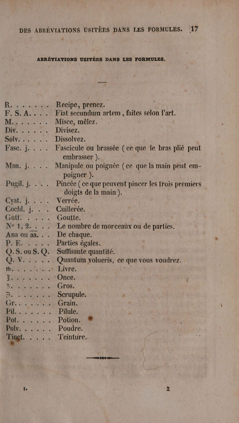 47 Dry: 7 © PIE. fe Recipe, prenez. Fiat secundum artem , faites selon l’art. Misce, mêlez. Divisez. Dissolvez. Fascicule ou brassée ( ce que le bras plié peut embrasser ). Manipule ou poignée (ce que la main peut em- poigner ). Pincée ( ce que peuvent pincer les {rois premiers doigts de la main ). Verrée. Cuillerée. Goutte. ‘Le nombre de morceaux ou de parties. De chaque. Parties égales. Suffisante quantité. Quantum volueris, ce que vous voudrez. Livre. Grain. Pilule. Potion. % Poudre. Teinture.