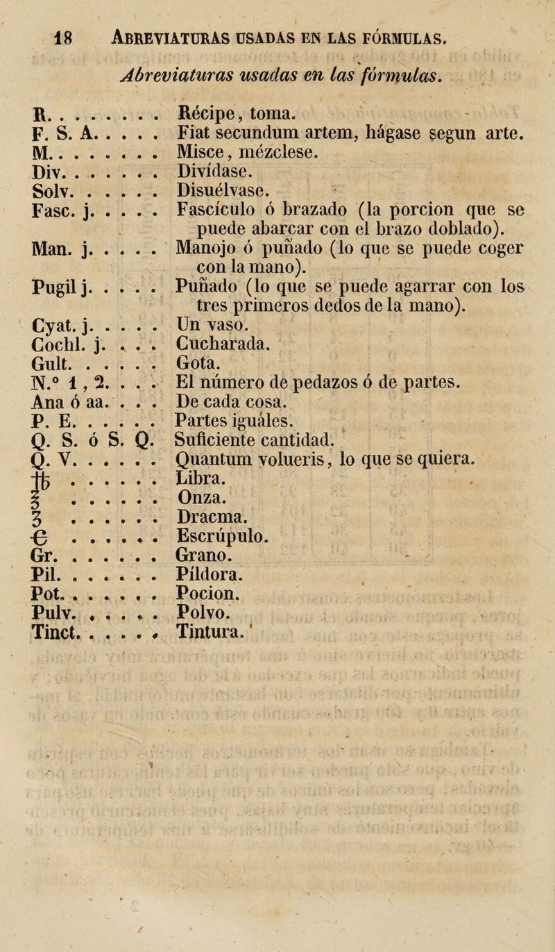 I 18 Abreviaturas usadas en las fórmulas. % Abreviaturas usadas en las fórmulas. R. Recipe, toma. F. S. A. Fiat secundum artem, hágase según arte. M. Misce, mézclese. Div. Divídase. Solv. Disuélvase. Fase, j. Fascículo ó brazado (la porción que se puede abarcar con ei brazo doblado). Man. j. Manojo ó puñado (lo que se puede coger con la mano). Púgil j. Puñado (lo que se puede agarrar con los tres primeros dedos de la mano). Cyat. j. Un vaso. Cochl. j. . . . Cucharada. Gult. ..... Gota. . . . El número de pedazos ó de partes. Ana ó aa. . . . De cada cosa. P. E. Partes iguales. Q. S. ó S. Q. Suficiente cantidad. Q. V. Quantum volueris, lo que se quiera. tfe. Libra. i ...... Onza. 3 . Dracma. -0 ...**• Escrúpulo. Gr. Grano. Pil. Píldora. Pot.. Pocion. Pulv. . , . . . Polvo. Tinct.* Tintura, V