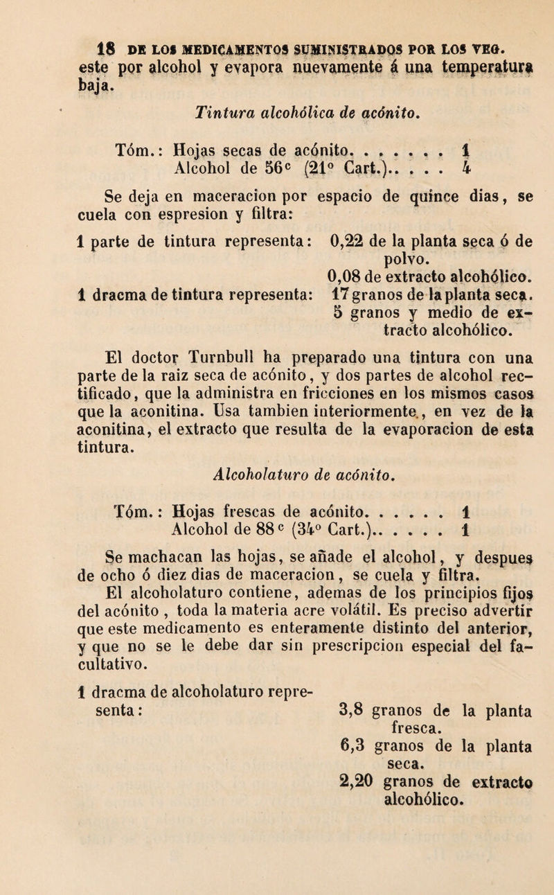 este por alcohol y evapora nuevamente á una temperatura baja. Tintura alcohólica de acónito, Tóm.: Hojas secas de acónito.. . 1 Alcohol de 56® (21® Cart.). 4 Se deja en maceracion por espacio de quince dias, se cuela con espresion y filtra: 1 parte de tintura representa : 0,22 de la planta seca ó de polvo. 0,08 de extracto alcohólico. 1 dracma de tintura representa: 17 granos de la planta seca. 5 granos y medio de ex¬ tracto alcohólico. El doctor Turnbull ha preparado una tintura con una parte de la raiz seca de acónito, y dos partes de alcohol rec¬ tificado , que la administra en fricciones en los mismos casos que la aconitina. Usa también interiormente., en vez de la aconitina, el extracto que resulta de la evaporación de esta tintura. Alcoholaturo de acónito. Tóm. : Hojas frescas de acónito.1 Alcohol de 88® (34® Cart.). 1 Se machacan las hojas, se añade el alcohol, y después de ocho ó diez dias de maceracion, se cuela y filtra. El alcoholaturo contiene, ademas de los principios fijos del acónito , toda la materia acre volátil. Es preciso advertir que este medicamento es enteramente distinto del anterior, y que no se le debe dar sin prescripción especial del fa¬ cultativo. 1 dracma de alcoholaturo repre¬ senta: 3,8 granos de la planta fresca. 6,3 granos de la planta seca. 2,20 granos de extracto alcohólico.