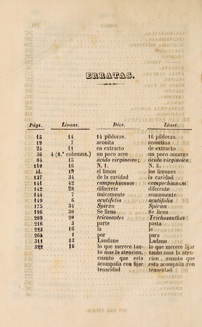 Pag s. fÂviQas. Dice. Léase. : 15 14 14 píldoras. 16 píldoras. 19 7 aconita aconitina 24 11 en extracto de extracto 36 4 (8.“ columna.) un poco acre un poco amargo 84 15 ácido virgineiêo ; ácido virgineico ; 110 16 IM. 1. W. 5. id. 19 el limon los limones 137 34 de la cavidad la cavidad 141 42 campeehimmm compecliiannm 142 28 difnerete diferente 144 7 únicamente sumamente 149 6 acutif'elia acutifolia ; 175 34 Spirxa Spirœa 196 30 Se llena Se licúa &gt; 209 20 trico santé s Triciiosanthes , 216 3 parte pasta 223 16 la le 265 1 por para 311 13 Laiidano Ladano 322 16 lo que merece tan- lo que merece lijar to mas la atención, tanto mas la aten- cuanto que esta cion , cuanto que acompaña con fijar esta acompaña con tenacidad tenacidad