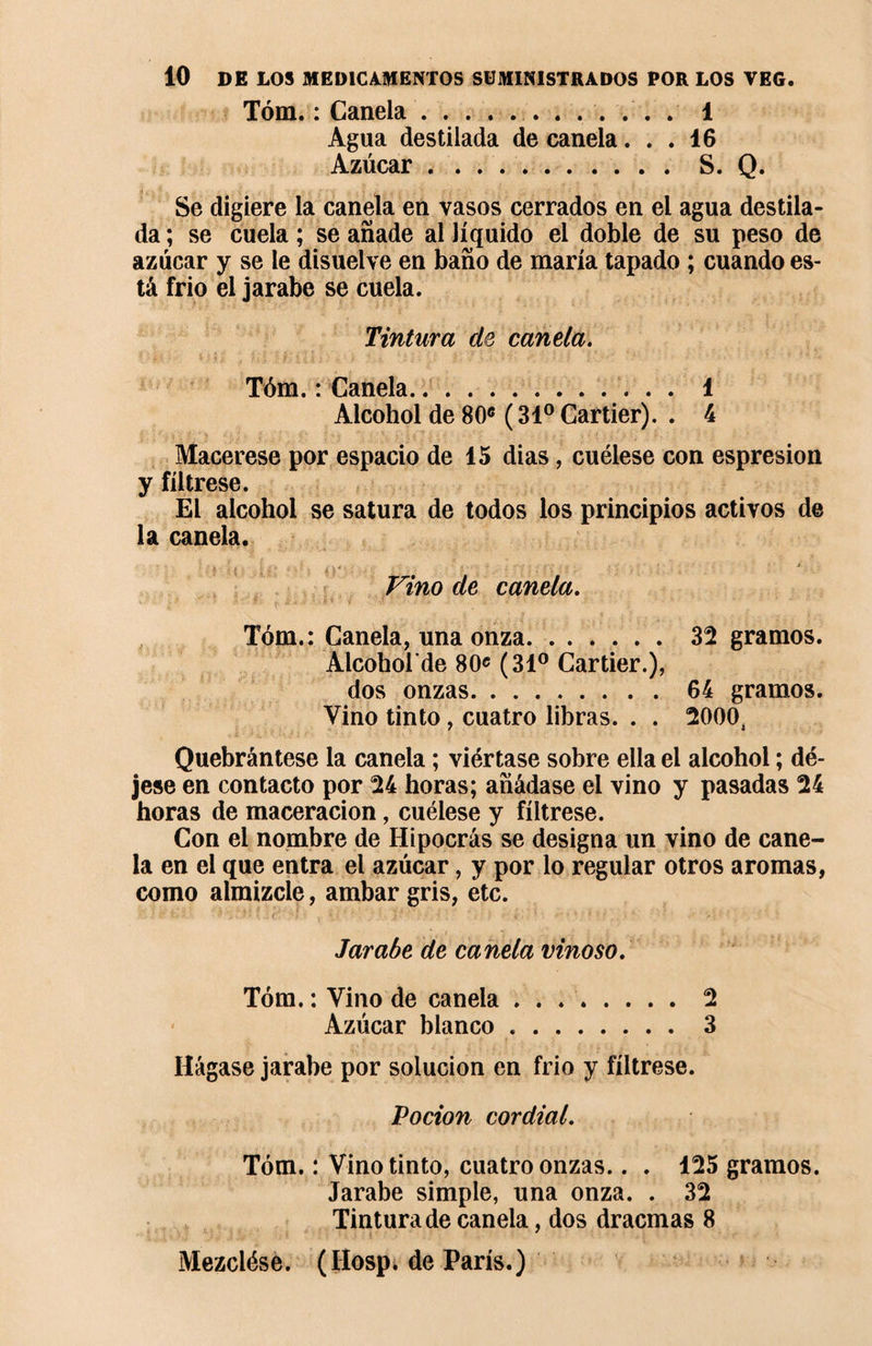 Tóm. : Canela. 1 Agua destilada de canela... 16 Azúcar.S. Q. Se digiere la canela en vasos cerrados en el agua destila¬ da ; se cuela ; se añade al líquido el doble de su peso de azúcar y se le disuelve en baño de maria tapado ; cuando es¬ tá frió el jarabe se cuela. Tintura de canela. Tóm. : Canela. 1 Alcohol de 80c (31° Cartier). . 4 Macerese por espacio de 15 dias, cuélese con espresion y fíltrese. El alcohol se satura de todos los principios activos de la canela. Vino de canela. Tóm.: Canela, una onza. 32 gramos. Alcohol de 80* (31° Cartier.), dos onzas.64 gramos. Vino tinto, cuatro libras. . . 2000, Quebrántese la canela ; viértase sobre ella el alcohol ; dé¬ jese en contacto por 24 horas; añádase el vino y pasadas 24 horas de maceracion, cuélese y fíltrese. Con el nombre de Hipocrás se designa un vino de cane¬ la en el que entra el azúcar, y por lo regular otros aromas, como almizcle, ambar gris, etc. Jarabe de canela vinoso. Tóm. : Vino de canela.2 Azúcar blanco. 3 Hágase jarabe por solución en frió y fíltrese. Pocion cordial. Tóm. : Vino tinto, cuatro onzas.. . 125 gramos. Jarabe simple, una onza. . 32 Tintura de canela, dos dracmas 8 Mezclóse. (IIosp. de París.)