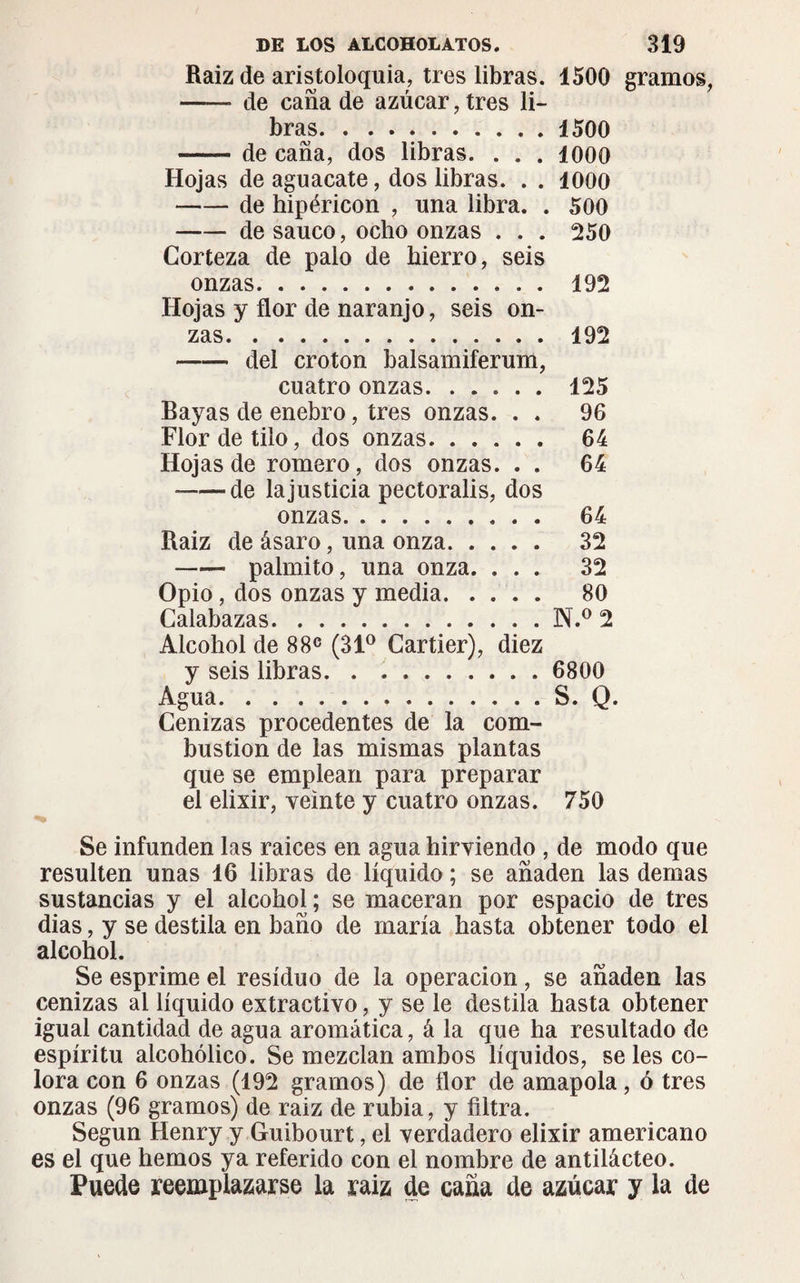 Raiz de aristoloquia, tres libras. 1500 gramos, -- de caña de azúcar, tres li¬ bras.1500 -de caña, dos libras. . . . 1000 Hojas de aguacate, dos libras. . . 1000 -de hipéricon , una libra. . 500 -de saúco, ocho onzas . . . 250 Corteza de palo de hierro, seis onzas. 192 Hojas y flor de naranjo, seis on¬ zas.192 -del croton balsamiferum, cuatro onzas.125 Bayas de enebro, tres onzas. . . 96 Flor de tilo, dos onzas. 64 Hojas de romero, dos onzas. . . 64 -de la justicia pectoralis, dos onzas. 64 Raiz de ásaro, una onza. 32 -palmito, una onza. ... 32 Opio, dos onzas y media. 80 Calabazas.N.° 2 Alcohol de 88c (31° Cartier), diez y seis libras. 6800 Agua.S. Q Cenizas procedentes de la com¬ bustion de las mismas plantas que se emplean para preparar el elixir, veinte y cuatro onzas. 750 Se infunden las raices en agua hirviendo , de modo que resulten unas 16 libras de líquido ; se añaden las demas sustancias y el alcohol; se maceran por espacio de tres dias, y se destila en baño de maria hasta obtener todo el alcohol. Se esprime el residuo de la operación, se añaden las cenizas ai líquido extractivo, y se le destila hasta obtener igual cantidad de agua aromática, á la que ha resultado de espíritu alcohólico. Se mezclan ambos líquidos, se les co¬ lora con 6 onzas (192 gramos) de flor de amapola, ó tres onzas (96 gramos) de raiz de rubia, y filtra. Según Henry y Guibourt, el verdadero elixir americano es el que hemos ya referido con el nombre de antilácteo. Puede reemplazarse la raiz de caña de azúcar y la de