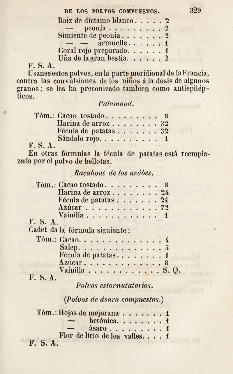 Raiz de díctamo blanco.2 — peonía.2 Simiente de peonía.2 — — armuelle.4 Coral rojo preparado.4 Uña de la gran bestia. ..... 2 F. S. A. Usanseestos polvos, en la parte meridional de laFrancia, contra las convulsiones de los niños á la dosis de algunos granos ; se les ha preconizado también como antiepilép¬ ticos. Palamoud. Tóm.: Cacao tostado. 8 Harina de arroz.32 Fécula de patatas.32 Sándalo rojo. 4 F. S. A. En otras fórmulas la fécula de patatas está reempla¬ zada por el polvo de bellotas. Racahout de los arábes. Tóm.: Cacao tostado. 8 Harina de arroz.24 Fécula de patatas.24 Azúcar.72 Vainilla. 1 F. S. A. Cadet da la fórmula siguiente : Tóm.: Cacao.4 Salep.5 Fécula de patatas.1 Azúcar.8 Vainilla.S. Q F. S.A. Polvos estornutatorios. (Polvos de ásaro compuestos.) Tóm.: Hojas de mejorana.1 — betónica.1 — ásaro.4 Flor de lirio de los valles.... 4 F. S. A.