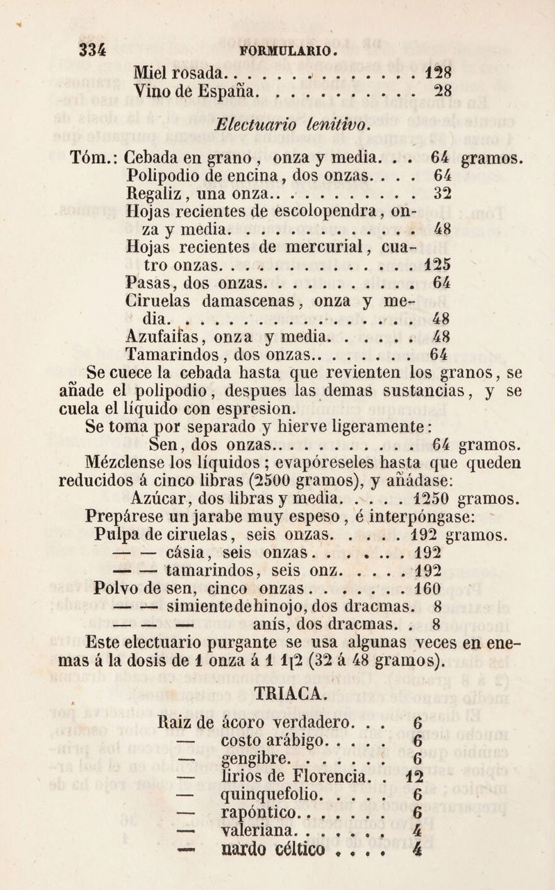 Miel rosada...... .128 Vino de España.28 Electnario lenitivo. Tóm.: Cebada en grano , onza y media. . . 64 gramos. Polipodio de encina, dos onzas. ... 64 Regaliz, una onza. 32 Hojas recientes de escolopendra, on¬ za y media.48 Hojas recientes de mercurial, cua¬ tro onzas. . . ..125 Pasas, dos onzas.64 Ciruelas damascenas, onza y me¬ dia. 48 Azufaifas, onza y media.48 Tamarindos , dos onzas. 64 Se cuece la cebada hasta que revienten los granos, se añade el polipodio, después las demas sustancias, y se cuela el líquido con espresion. Se toma por separado y hierve ligeramente : Sen, dos onzas. 64 gramos. Mézclense los líquidos ; evapóreseles hasta que queden reducidos á cinco libras (2500 gramos), y añádase: Azúcar, dos libras y media. 1250 gramos. Prepárese un jarabe muy espeso, é interpóngase: Pulpa de ciruelas, seis onzas.192 gramos. —- — cásia, seis onzas.192 -tamarindos, seis onz.192 Polvo de sen, cinco onzas.160 -simientedehinojo, dos dracmas. 8 -— anís, dos dracmas. . 8 Este electuario purgante se usa algunas veces en ene¬ mas á la dosis de 1 onza á 1 Ij2 (32 á 48 gramos). TRIACA. Raiz de ácoro verdadero. . . 6 — costo arábigo. 6 — gengibre. 6 — lirios de Florencia. . 12 — quinquefolio. 6 — rapóntico....... 6 — valeriana. 4 nardo céltico «... 4