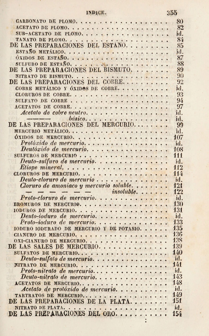 CARBONATO DE PLOMO. 80 ACETATO DE PLOMO. 82 SUB-ACETATO DE PLOMO. id. TANATO DE PLOMO. 84 DE LAS PREPARACIONES DEL ESTAÑO. 85 ESTAÑO METÁLICO. íd. ÓXIDOS DE ESTAÑO. 87 SULFURO DE ESTAÑO. 88 DE LAS PREPARACIONES DEL BISMUTO. 89 NITRATO DE BISMUTO. 90 DE LAS PREPARACIONES DEL COBRE. .. 92 COBRE METÁLICO Y ÓXIDOS DE COBRE. .. id. CLORUROS DE COBRE. 93 SULFATO DE COBRE .. 94 ACETATOS DE COBRE. 97 Acetato de cobre neutro. id. —■-— básico. id. DE LAS PREPARACIONES DEL MERCURIO. 99 MERCURIO METÁLICO. id. ÓXIDOS DE MERCURIO. . . .. 107 Protóxido de mercurio. id. Deutóxido de mercurio. 108 SULFURQS DE MERCURIO. 111 Deuto-sulfuro de mercurio. id. Etiope mineral.112 CLORUROS DE MERCURIO. 114 Deuto-cloruro de mercurio. id. Cloruro de amoniaco y mercurio soluble. 121 — — — — — insoluble. 122 Proto-cloruro de mercurio. id. BROMUROS DE MERCURIO. 130 IODUROS DE MERCURIO.». 131 Deuto-ioduro de mercurio. .. id. Proto-ioduro de mercurio. 133 IODURO IODURADO DE MERCURIO Y DE POTASIO.135 CIANURO DE MERCURIO.. . 130 OXI-CIANURO DE MERCURIO. 138 DE LAS SALES DE MERCURIO. 139 SULFATOS DE MERCURIO. 140 Delito-sulfato de mercurio. id. NITRATO DE MERCURIO. 141 Proto-nitrato de mercurio. id. Deuto-nitrato de mercurio. 143 ACETATOS DE MERCURIO. 148 Acetato de protóxido de mercurio. id. TARTRATOS DE MERCURIO. 149 DE LAS PREPARACIONES DE LA PLATA.15i NITRATO PE PLATA. id. DE LAS PREPARACIONES DEL ORO.154