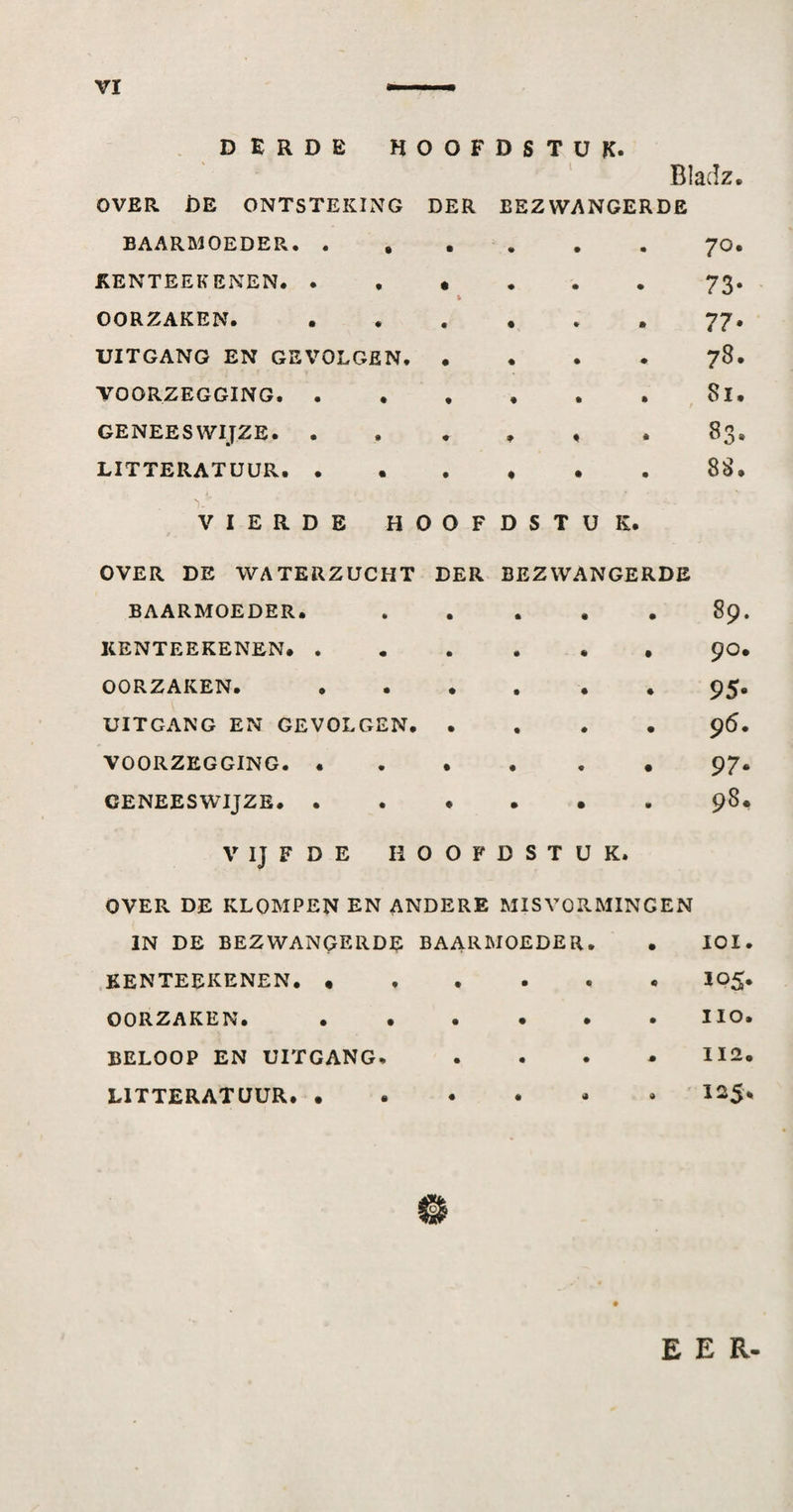 VI DERDE HOOFDSTUK. OVER DE ONTSTEKING BAARMOEDER. . , KENTEEKENEN. . OORZAKEN. UITGANG EN GEVOLGEN, VOORZEGGING. . GENEESWIJZE. . LITTERATUUR. . Bladz, DER BEZWANGERDE 70. 73- 77* 78. 8i. / 83. 88. VIERDE HOOFDSTUK. OVER DE WATERZUCHT DER BEZWANGERDE BAARMOEDER. • • • • 89 KENTEEKENEN. . • • • • • 90 OORZAKEN. • • • • • 95 UITGANG EN GEVOLGEN. . • # • 96 VOORZEGGING. • • • • • 97 GENEESWIJZE. . • # • • • 98 V IJ F D E HOOFDSTUK. OVER DE KLOMPEN EN ANDERE MISVORMINGEN IN DE BEZWANGERDE BAARMOEDER. KENTEEKENEN. OORZAKEN. ...... BELOOP EN UITGANG. . . . ^ LITTERATUUR.. . lOI. 105* IIO. 112. EER