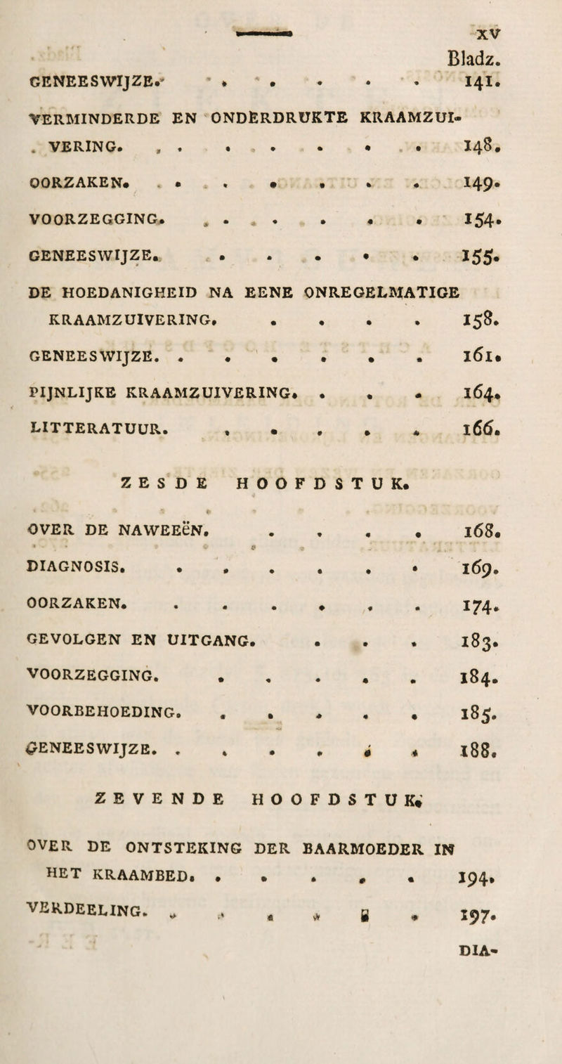 Bladz. GENEESWIJZE.' *.I4I. Verminderde . VERING. OORZAKEN. VOORZEGGING. GENEESWIJZE. EN ONDERDRUKTE KRAAMZUI- • • * • ... I4B. • . * • . • • 149* , • ♦ • • . • 154* • • • • • ï55» DE HOEDANIGHEID NA EENE ONREGELMATIGE KRAAMZUIVERING. .... GENEESWIJZE. . ... PIJNLIJKE KRAAMZUIVERING. . LITTERATUUR. . i6i. 164. 166. ZESDE HOOFDSTUK. OVER DE NAWEEëN. DIAGNOSIS. OORZAKEN. GEVOLGEN EN UITGANG. VOORZEGGING. VOORBEHOEDING. ^GENEESWIJZE. . 168. 169. 174* 183. 184. 185. i88. ZEVENDE HOOFDSTUK# OVER DE ONTSTEKING het kraambed. . VERDEEUNG. ^ DER BAARMOEDER IN .... ^94* . vV fi . 197. DIA