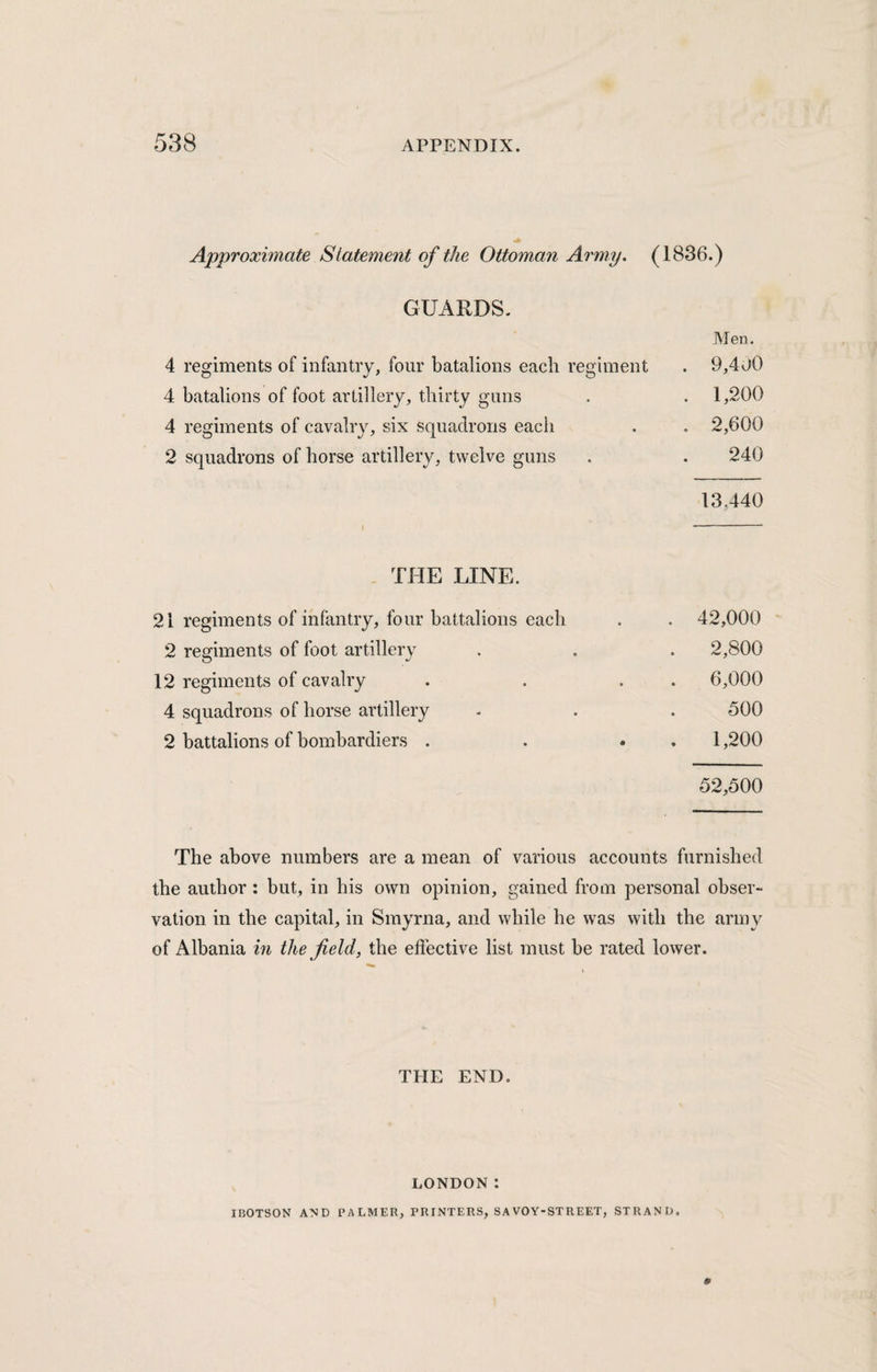 Approximate Statement of the Ottoman Army. (1836.) GUARDS. Men. 4 regiments of infantry, four batalions each regiment . 9,400 4 batalions of foot artillery, thirty guns . . 1,200 4 regiments of cavalry, six squadrons each . . 2,600 2 squadrons of horse artillery, twelve guns . . 240 13.440 -- THE LINE. 21 regiments of infantry, four battalions each . . 42,000 2 regiments of foot artillery . . . 2,800 12 regiments of cavalry . . . . 6,000 4 squadrons of horse artillery - . . 500 2 battalions of bombardiers . . . . 1,200 52,500 The above numbers are a mean of various accounts furnished the author : but, in his own opinion, gained from personal obser¬ vation in the capital, in Smyrna, and while he was with the army of Albania in the field, the effective list must be rated lower. THE END. LONDON: IBOTSON AND PALMER, PRINTERS, SAVOY-STREET, STRAND.