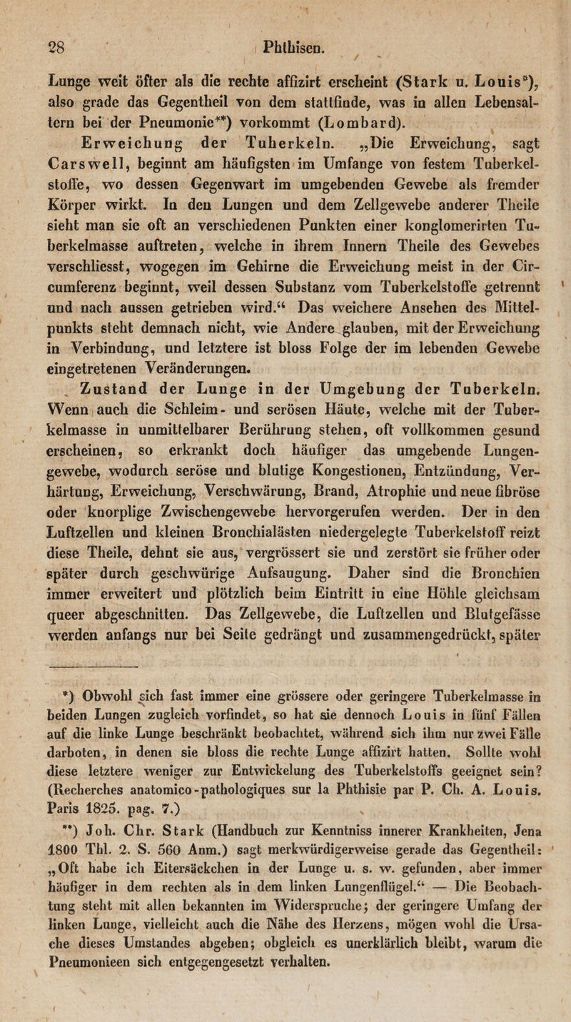 Lunge weit öfter als die rechte affizirt erscheint (Stark u. Louis0), also grade das Gegentheil von dem stattfiode, was in allen Lebensal¬ tern bei der Pneumonie*) **) vorkommt (Lombard). Erweichung der Tuberkeln. 55l>ie Erweichung, sagt Cars well, beginnt am häufigsten im Umfange von festem Tuberkel¬ stoffe, wo dessen Gegenwart im umgebenden Gewebe als fremder Körper wirkt. In den Lungen und dem Zellgewebe anderer Thcile sieht man sie oft an verschiedenen Punkten einer konglomerirten Tu¬ berkelmasse auftreten, welche in ihrem Innern Theile des Gewebes verschliesst, wogegen im Gehirne die Erweichung meist in der Cir- cumferenz beginnt, weil dessen Substanz vom Tuberkelstoffe getrennt und nach aussen getrieben wird.“ Das weichere Ansehen des Mittel¬ punkts steht demnach nicht, wie Andere glauben, mit der Erweichung in Verbindung, und letztere ist bloss Folge der im lebenden Gewebe eingetretenen Veränderungen. Zustand der Lunge in der Umgebung der Tuberkeln, Wenn auch die Schleim- und serösen Häute, welche mit der Tuber¬ kelmasse in unmittelbarer Berührung stehen, oft vollkommen gesund erscheinen, so erkrankt doch häufiger das umgebende Lungen¬ gewebe, wodurch seröse und blutige Kongestionen, Entzündung, Ver¬ härtung, Erweichung, Verschwärung, Brand, Atrophie und neue fibröse oder knorplige Zwischengewebe hervorgerufen werden. Der in den Luftzellen und kleinen Bronchialästen niedergelegte Tuberkelstoff reizt diese Theile, dehnt sie aus, vergrössert sie und zerstört sie früher oder später durch geschwürige Aufsaugung. Daher sind die Bronchien immer erweitert und plötzlich beim Eintritt in eine Höhle gleichsam queer abgeschnitten. Das Zellgewebe, die Luftzellen und Blutgefässe werden anfangs nur bei Seite gedrängt und zusammengedrückt, später *) Obwohl sich fast immer eine grössere oder geringere Tuherkelmasse in beiden Lungen zugleich vorfindet, so hat sie dennoch Louis in fünf Fallen auf die linke Lunge beschränkt beobachtet, während sich ihm nur zwei Fälle darboten, in denen sie bloss die rechte Lunge affizirt hatten. Sollte wohl diese letztere weniger zur Entwickelung des Tuberkelstoffs geeignet sein? (Recherches anatomico-pathologiques sur la Phthisie par P. Ch. A. Louis. Paris 1825. pag. 7.) x **) Joh. Chr. Stark (Handbuch zur Kenntniss innerer Krankheiten, Jena 1800 Tbl. 2. S. 560 Anm.) sagt merkwürdigerweise gerade das Gegentheil: „Oft habe ich Eitersäckchen in der Lunge u. s. w. gefunden, aber immer häufiger in dem rechten als in dem linken Lungenflügel.“ — Die Beobach¬ tung steht mit allen bekannten im Widerspruche; der geringere Umfang der linken Lunge, vielleicht auch die Nähe des Herzens, mögen wohl die Ursa¬ che dieses Umstandes abgeben; obgleich es unerklärlich bleibt, warum die Pneumouieen sich entgegengesetzt verhalten.