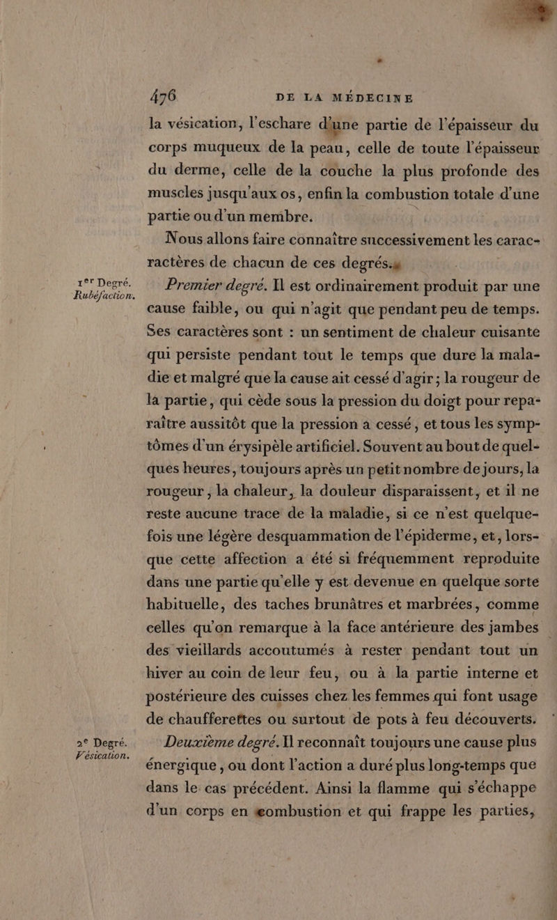 En TA) as 1 Fa 15 476 DE LA MÉDECINE la vésication, l’eschare dune partie de l'épaisseur du corps muqueux de la peau, celle de toute l'épaisseur du derme, celle de la couche la plus profonde des muscles jusqu'aux os, enfin la combustion totale d’une partie ou d'un membre. Nous allons faire connaître successivement les carac- ractères de chacun de ces degrés.# ra et Premier degre. Il est ordinairement produit par une cause faible, où qui n’agit que pendant peu de temps. Ses caractères sont : un sentiment de chaleur cuisante qui persiste pendant tout le temps que dure la mala- die et malgré que la cause ait cessé d'agir ; la rougeur de la partie, qui cède sous la pression du doigt pour repa- raître aussitôt que la pression à cessé, et tous les symp- tômes d'un érysipèle artificiel. Souvent au bout de quel- ques heures, toujours après un petit nombre de jours, la rougeur ; la chaleur, la douleur disparaissent, et il ne reste aucune trace de la maladie, si ce n'est quelque- fois une lésère desquammation de l'épiderme, et, lors- que cette affection a été si fréquemment reproduite dans une partie qu'elle y est devenue en quelque sorte habituelle, des taches brunâtres et marbrées, comme celles qu'on remarque à la face antérieure des jambes des vieillards accoutumés à rester pendant tout un hiver au coin de leur feu, ou à la partie interne et postérieure des cuisses chez les femmes qui font usage de chaufferettes ou surtout de pots à feu découverts. 2e Degré. Deuxième degre.\] reconnaît toujours une cause plus Vesication. _, à « ; énergique , ou dont l’action a duré plus long-temps que dans le cas précédent. Ainsi la flamme qui s'échappe d'un corps en æombustion et qui frappe les parties,