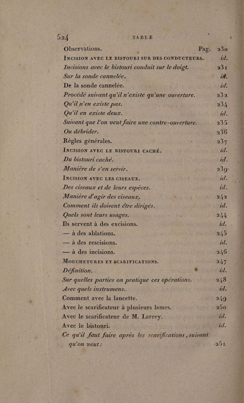 Observations. Pag. 230 INCISION AVEC LE BISTOURI SUR DES CONDUCTEURS. Tncisions avec le bistouri conduit sur le doigt. Sur la sonde cannelée. | De la sonde cannelée. Procédé suivant qu'il n'existe qu'une ouverture. Qu'il n'en existe pas. Qu'il en existe deux. Suivant que l’on veut faire une contre-ouverture. Ou débrider. Règles générales. INCISION AVEC LE BISTOURI CACHÉ. Du bistourt caché. Manière de s’en servir. INCISION AVEC LES CISEAUX. Des ciseaux et de leurs espèces. Manière d'agir des ciseaux. Comment ils doivent étre dirigés. Quels sont leurs usages. Ils servent à des excisions. — à des ablations. 3 — à des rescisions. — à des incisions. MOUCHETURES ET SCARIFICATIONS. Définition. . Sur quelles parties on pratique ces opérations. Avec quels instrumens. Comment avec la lancette. Avec le scarificateur à plusieurs lames. Avec le scarificateur de M. Larrey. Avec le bistouri. qu’on veut : 250 UE: