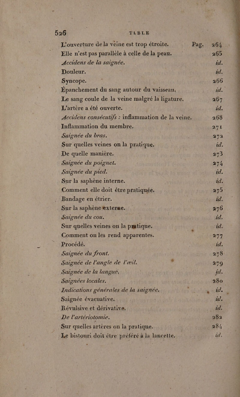 L'ouverture de la veine est trop étroite. Pag. 264 Elle n’est pas parallèle à celle de la peau. 265 Accidens de la saignée. | id. Douleur. id. Syncope. | 266 Épanchement du sang autour du vaisseau. PRET A Le sang coule de la veine malgré la ligature. 267 L’artère a été ouverte. id, Accidens consécutifs : inflammation de la veine. 268 Inflammation du membre. | 271 Saignée du bras. 272 | Sur quelles veines on la pratique. id. | De quelle manière. 495 Saignée du poignet. 274 Saignée du pied. id. Sur la saphène interne. id. Comment elle doit être pratiquée. 275 Bandage en étrier. id. Sur la saphène externe. 276 Saignée du cou. id. Sur quelles veines on la pratique. £ id. Comment on les rend apparentes. 277 Procédé. id. Saignée du front. 278 Saignée de l'angle de l'œil. ” 279 Saignée de la langue. id. Saiznées locales. 280 Indications générales de la saignée. \ éd s #7. à Saignée évacuative. | id, Révulsive et dérivative. _ id. De l'artériotomie. 282 Sur quelles artéres on la pratique. 284 Le bistouri doit tre préféré à la lancette. UTE